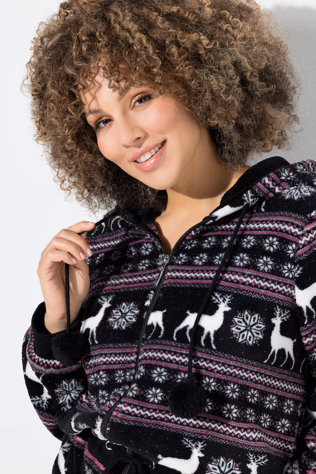 Nordic Print Zip Front Stretch Plush Lounge Jumpsuit