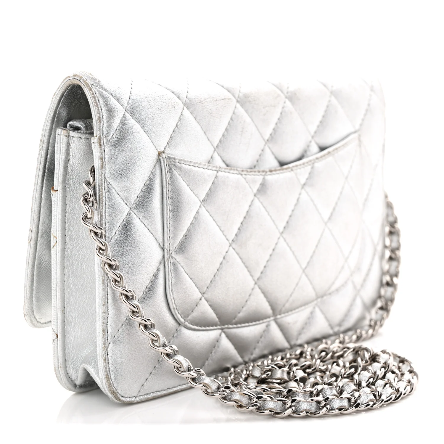 Metallic Lambskin Quilted Wallet On Chain WOC Silver