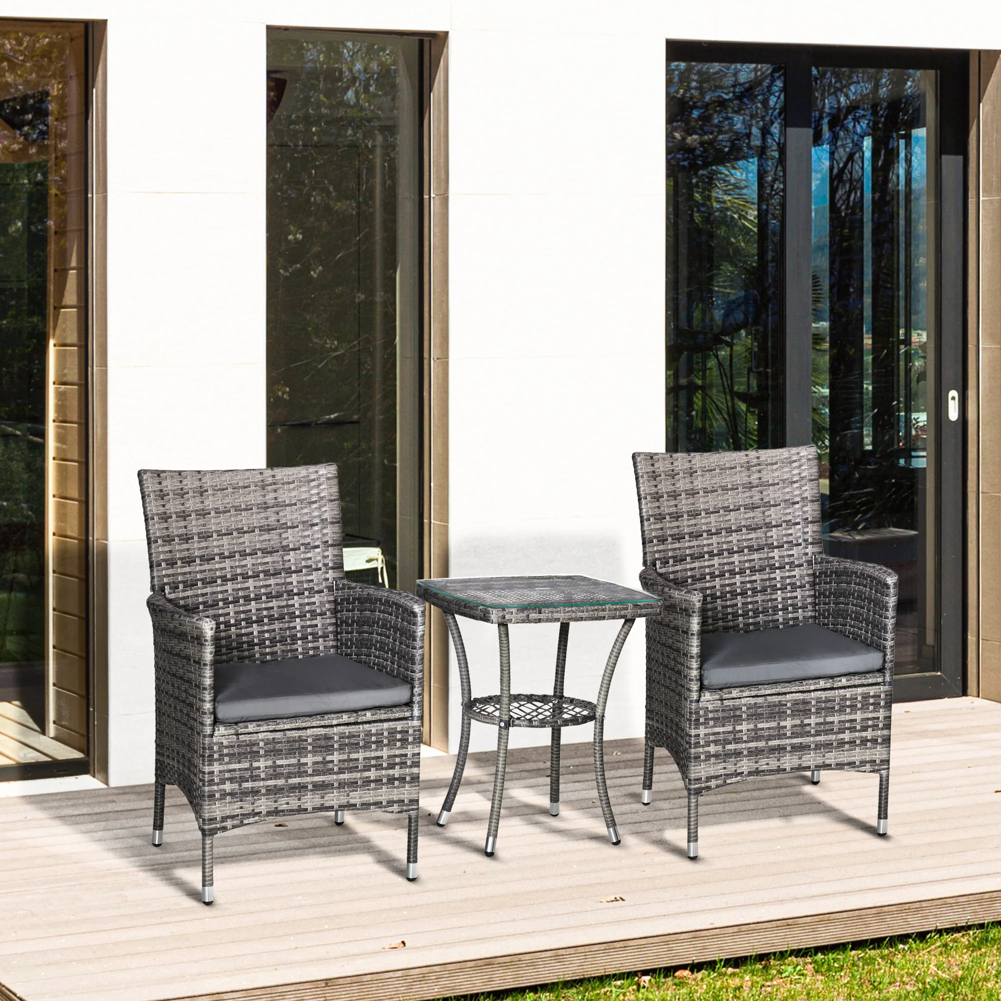 Outsunny Balkonmöbel Set 3-teilig mit Sitzkissen & Glasplatte