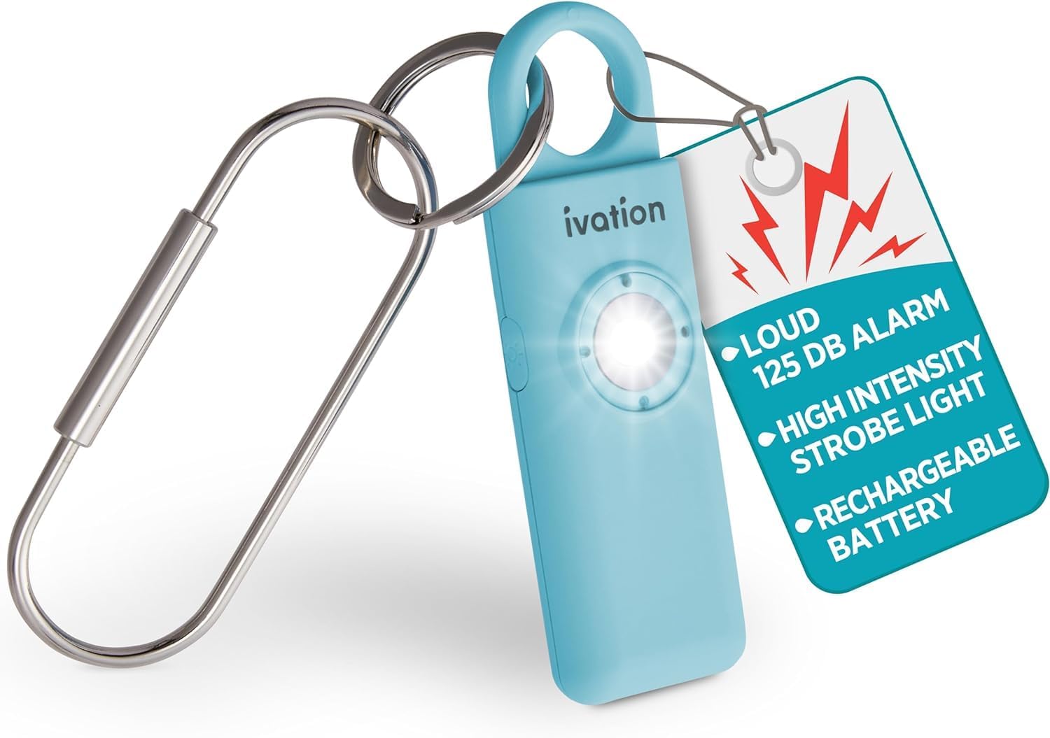 Ivation Personal Rechargeable SOS Alarm, Pocket Size Loud 130dB Sound Safety Siren & LED Panic Strobe Light with Carabiner Keychain Clip for Women, Children & Seniors, Blue