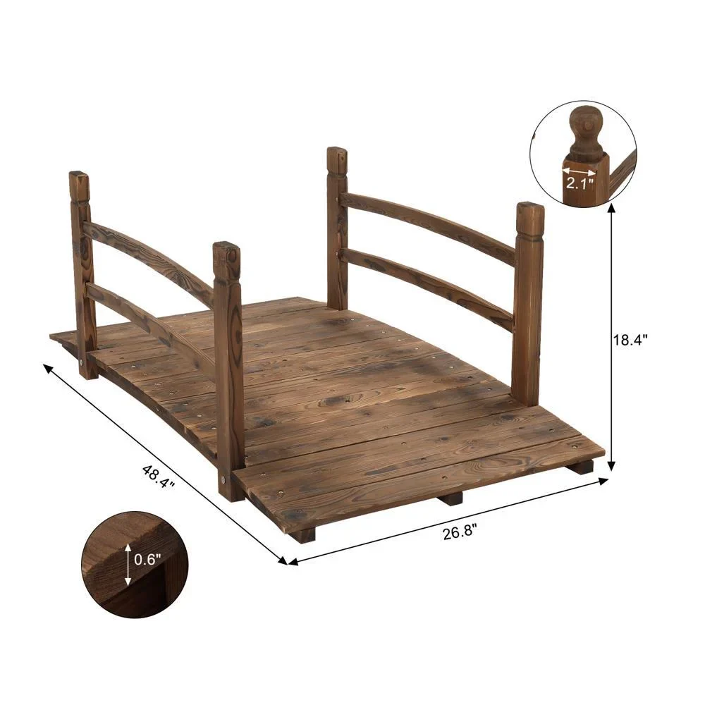 BNDFTF 4-foot Carbonized Fir Garden Wooden Bridge with Safety Guardrail - Arched Trail Decorative Wooden Bridge Suitable for Courtyards, Koi Pools, or Weddings, with a Load Capacity of 400 lb