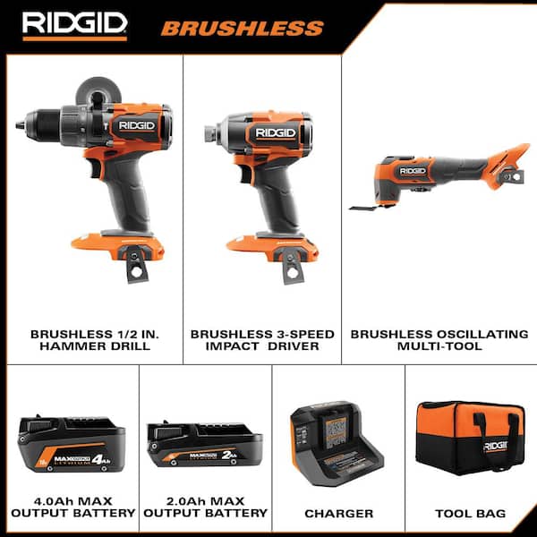 18V Brushless Cordless 3 Tool Combo Kit w/ Hammer Drill, Impact Driver, Oscillating Multi Tool, Batteries, Charger Bag Image 2