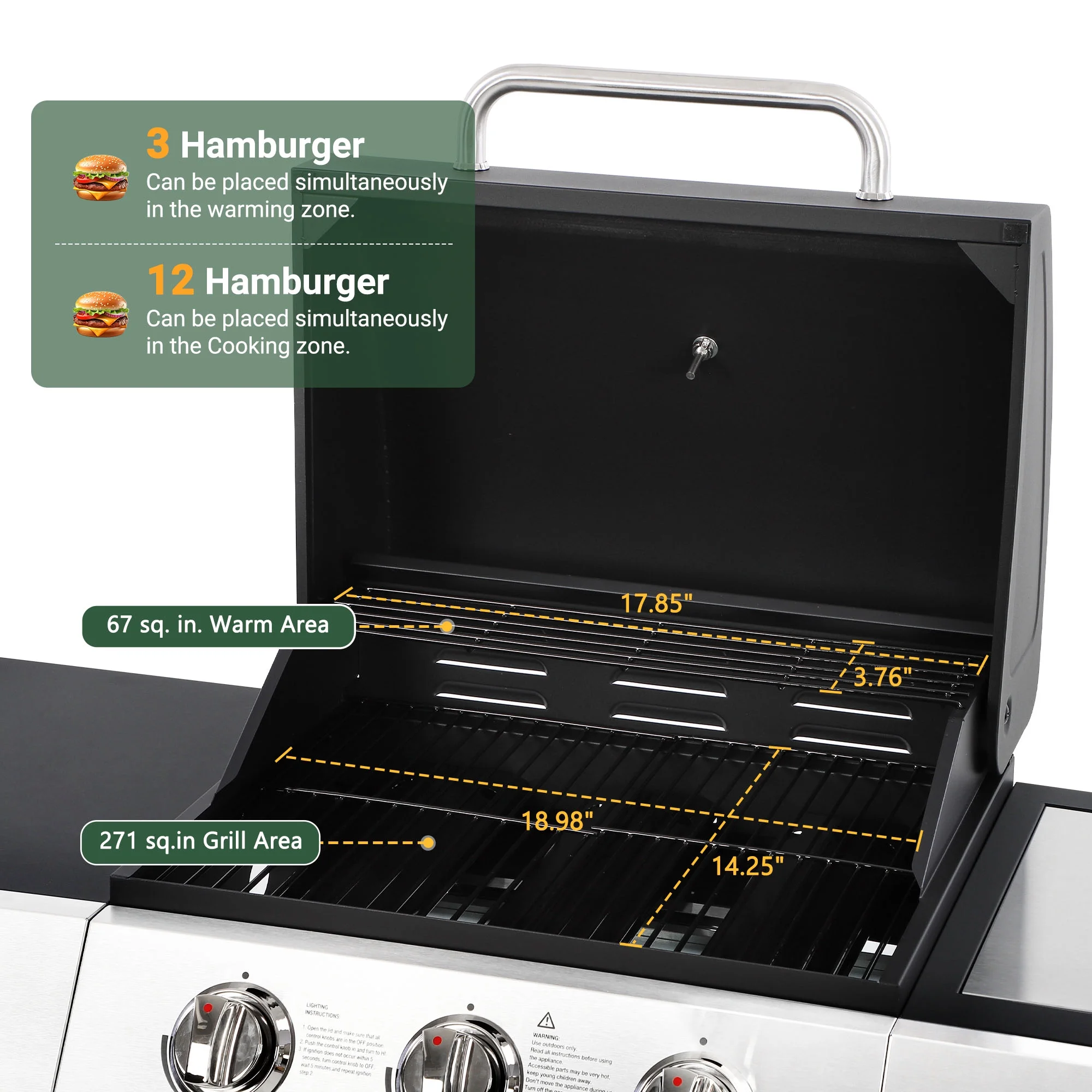 3 Burner Propane Gas Grill, 40,000BTU Stainless Steel BBQ Grill with Brush, Built-in Thermometer, 4 Universal Wheels for Outdoor Cooking Patio Backyard(40010) - Image 2