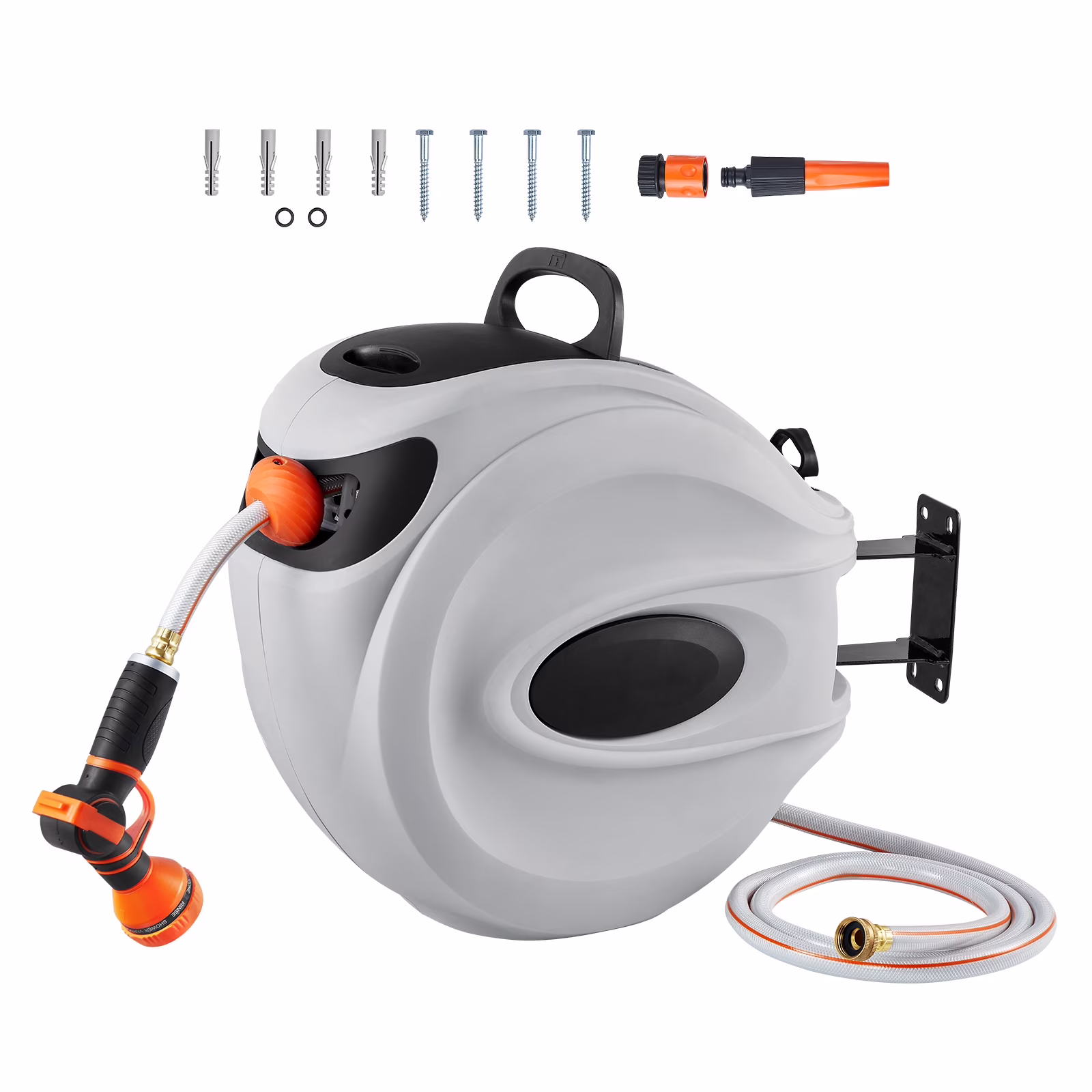 BENTISM Retractable Hose Reel, 65 ft x 5/8 inch, 180�� Swivel Bracket Wall-Mounted, Garden Water Hose Reel with 9-Pattern Nozzle, Automatic Rewind, Lock at Any Length, and Slow Return System