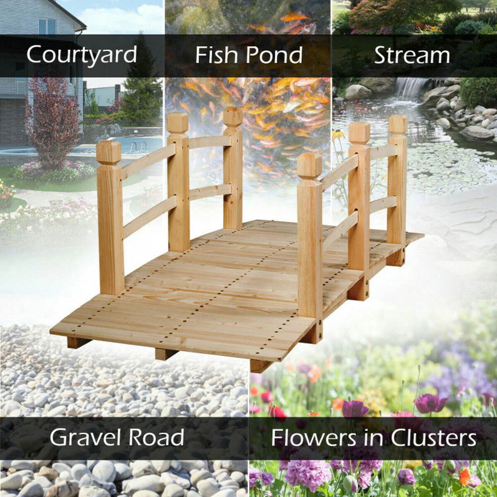 Spaco 5 Ft Wooden Garden Bridge with Safety Rails, Decorative Garden Planter Bridge with Solid Arch Frame, Planter Bridge for Outdoor as Porch, Yard, Natural