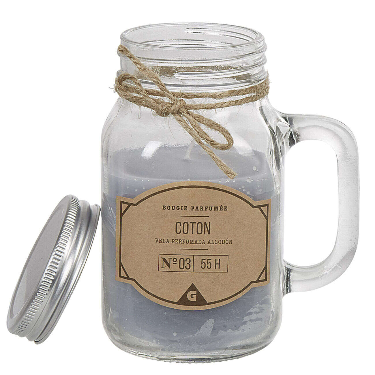 Bougie dans mug en verre avec couvercle senteur coton