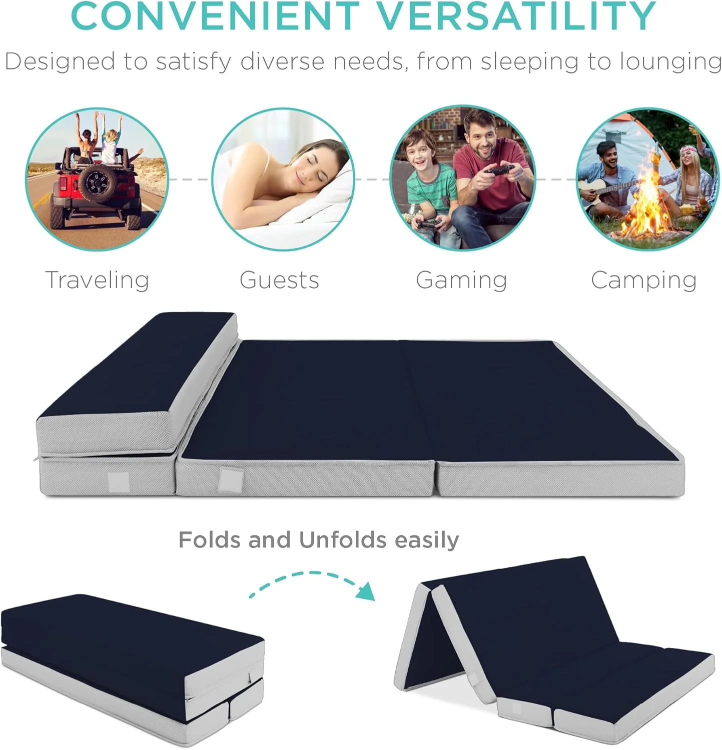 Matelas portable Best Choice Products 10 cm (4 po) pour lit queen-size, pliable en trois parties, idéal pour le camping, les invités et les tout-petits. Mousse moelleuse avec housse de transport - Gris