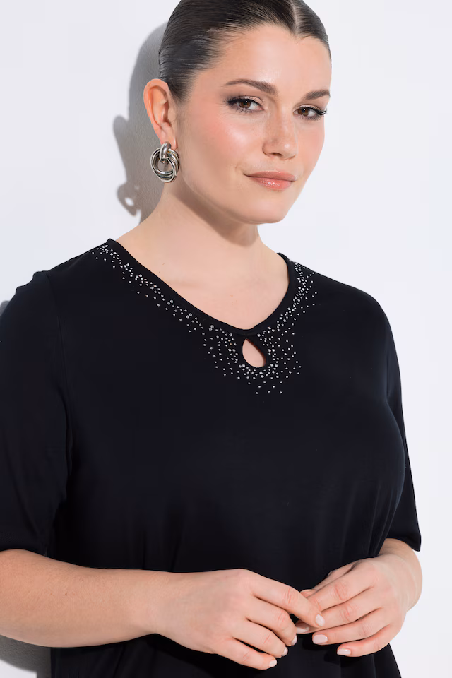 Rhinestoned Cutout Short Sleeve Pima Cotton T-Shirt Blouse