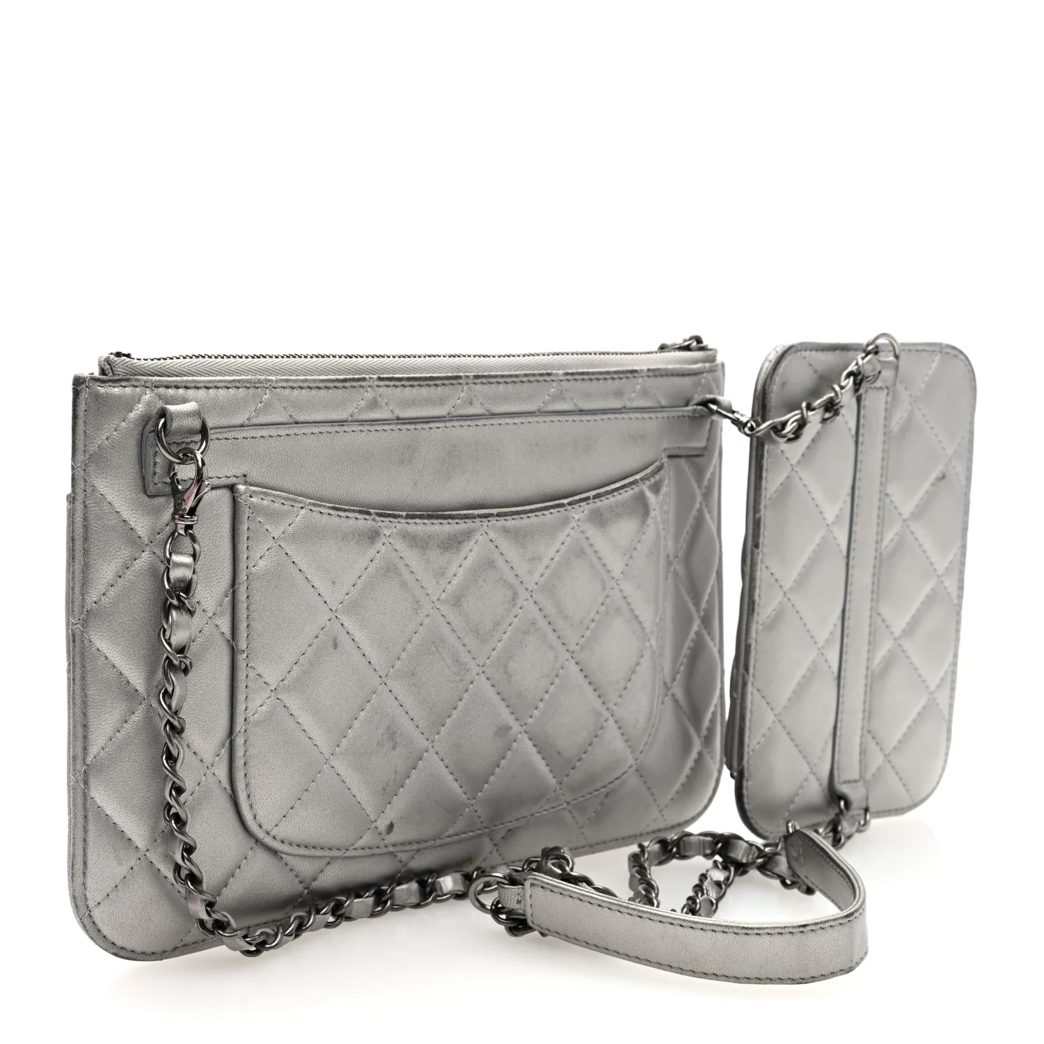 Metallic Lambskin Quilted Clutch With Chain Silver