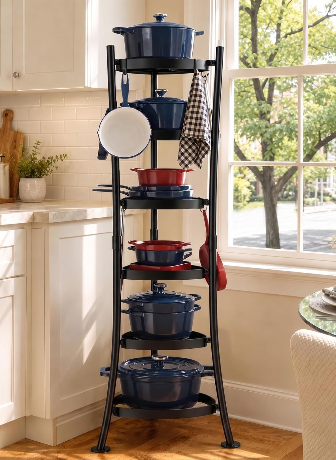 KES 264 Lbs Capacity Freestanding Pot Rack, 6-Tier Cast Iron Cookware Stand with 6 Hooks, Pots and Pans Storage Tower for Kitchen, Stable Base, Anti-tip Strap & Floor Protectors Black, KUR531S6-BK