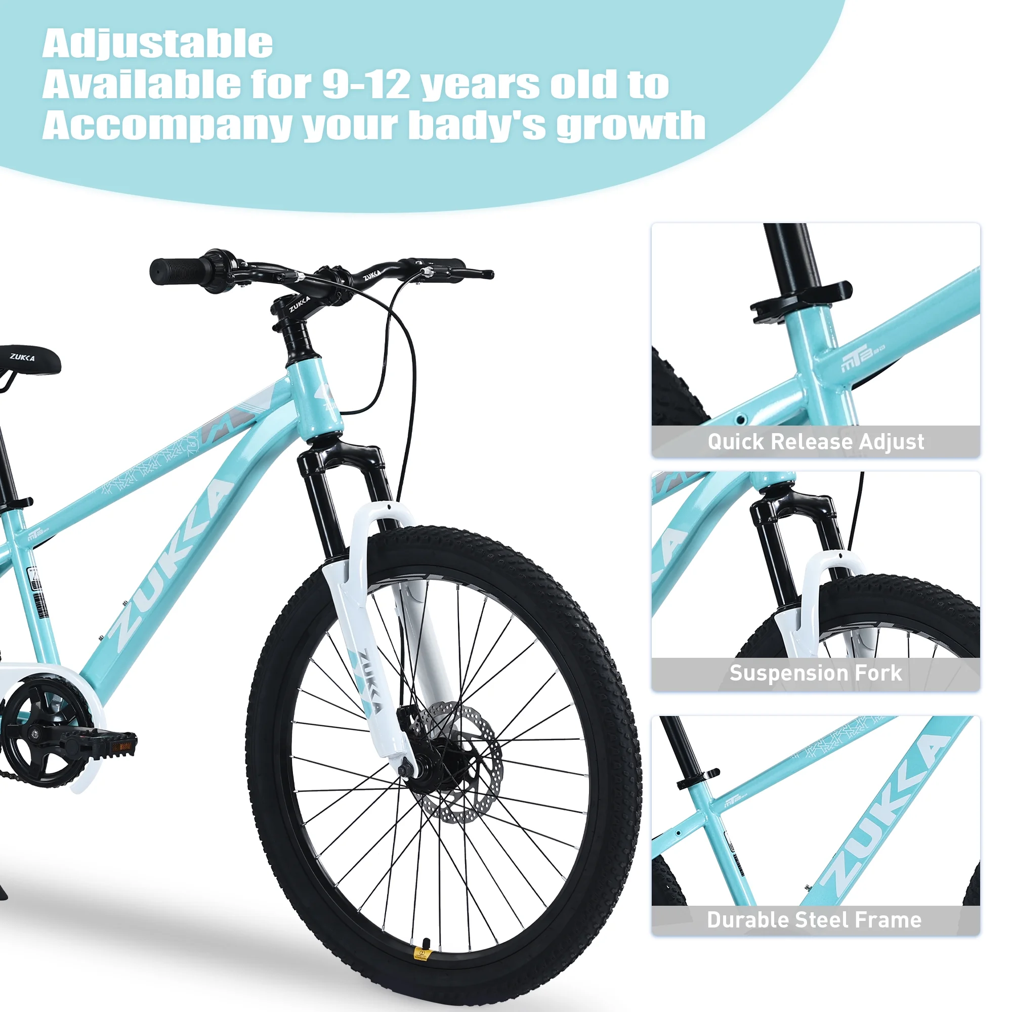 24 Inch Mountain Bike, Kids Mountain Bicycle with Front Suspension Fork and Double Disc Brake, Steel Frame Kids MTB Bike for Boys and Girls Age 9-12 Years, Cyan(Cyan) - Image 2