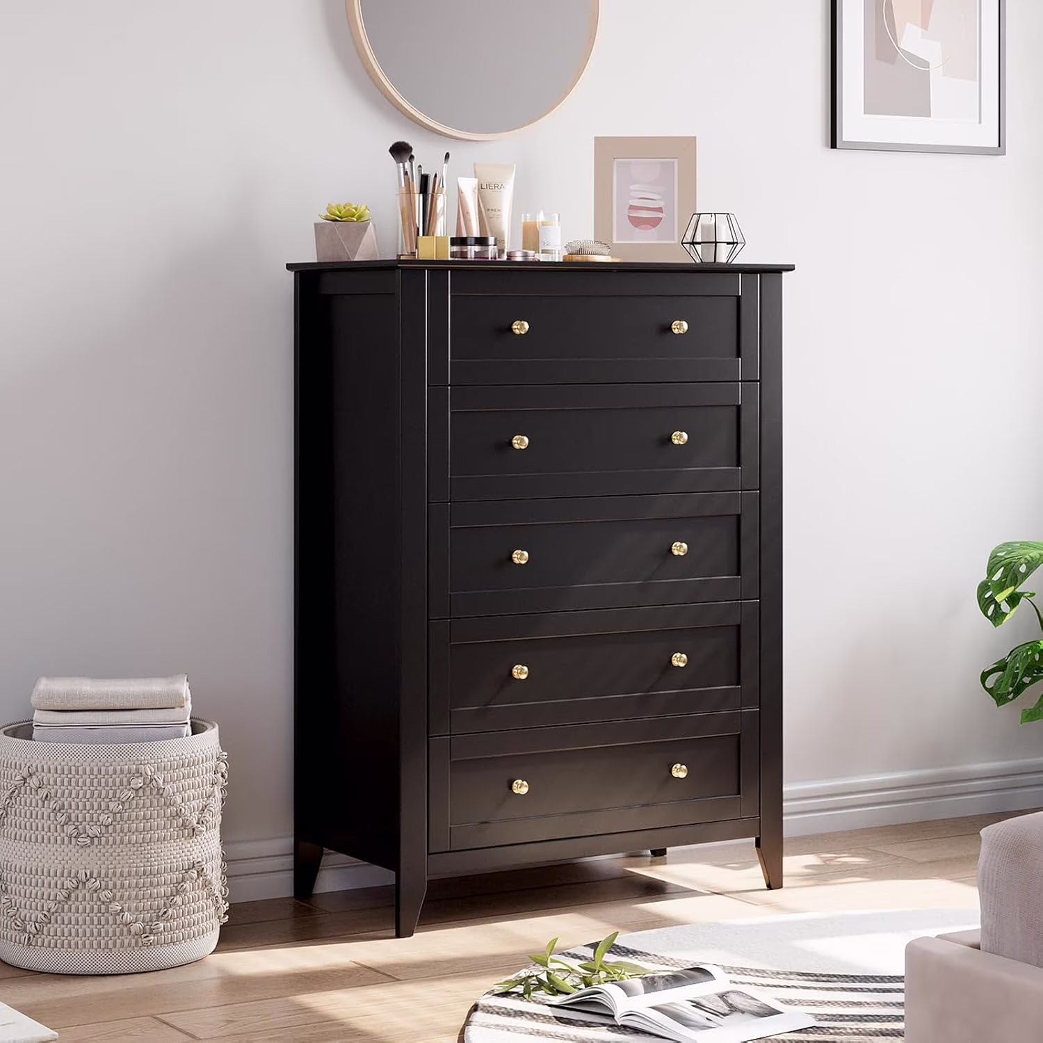 Homhougo Dresser for Bedroom Black with 5 Drawers, Tall Wood Organizer Storage Cabinet with Round Handle, Drawer Dresser for Closet, Living Room, Hallway, Nursery, Kids Bedroom