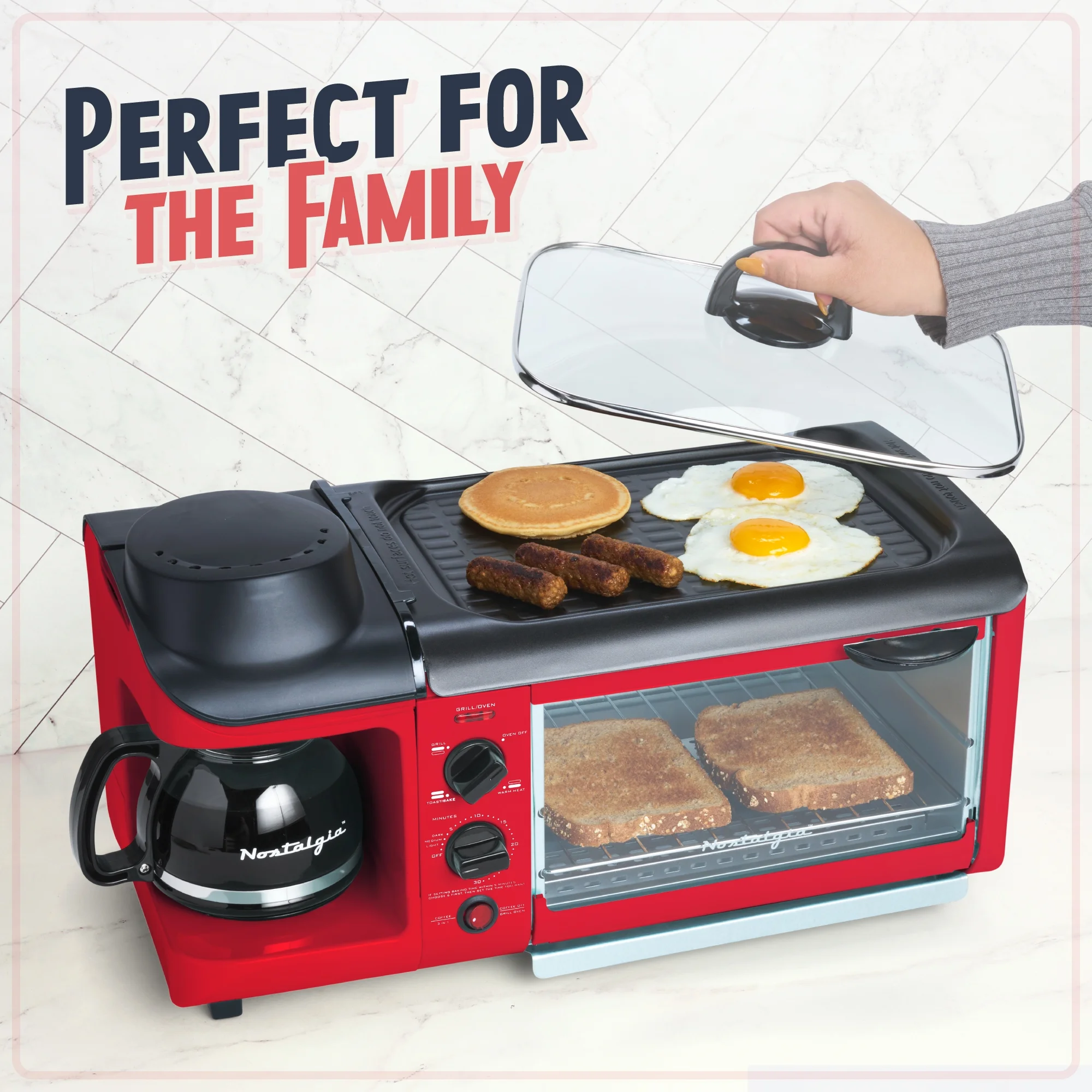 BST3RR Retro 3 in 1 Family Size Electric Breakfast Station, Coffeemaker, Griddle, Toaster Oven Retro Red(Retro Red) Image 7