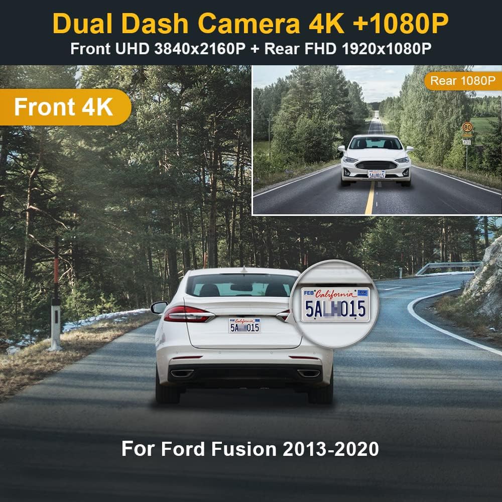 Fitcamx Front 4K and Rear 1080P Dash Cam Suitable for Ford Fusion 2013-2020 Sport S SEL Titanium Platinum SE Hybrid  Integrated OEM Look  Dual Loop Recording WiFi  G-Sensor  Easy to Set  128GB Card
