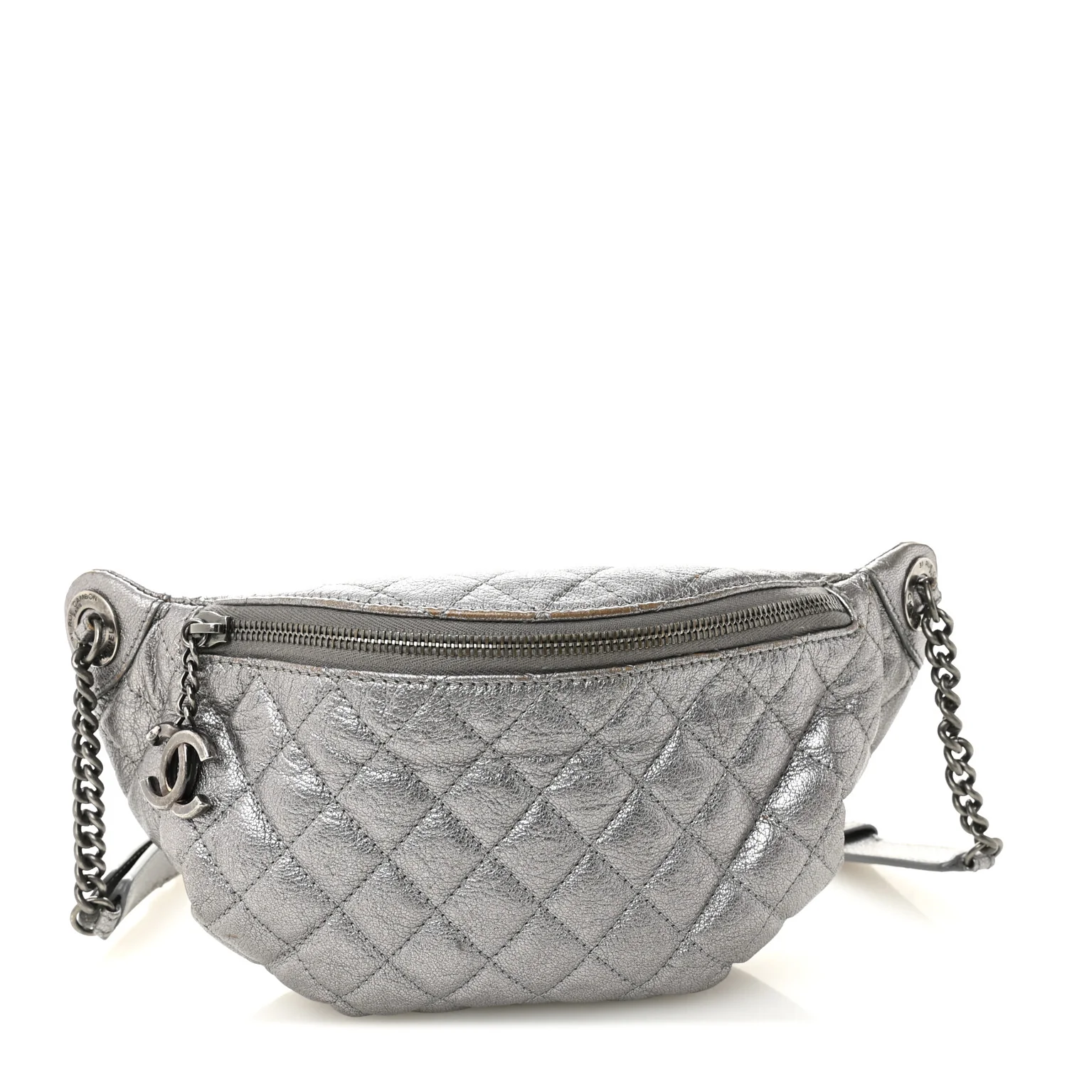 Metallic Calfskin Quilted Banane Waist Bag Fanny Pack Dark Silver