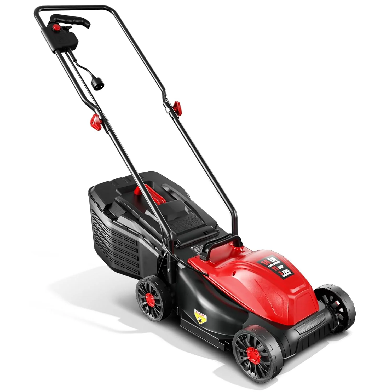 12Amp 14" Corded Lawn Mower, 3-Height, 2-in-1 Mulch & Bag