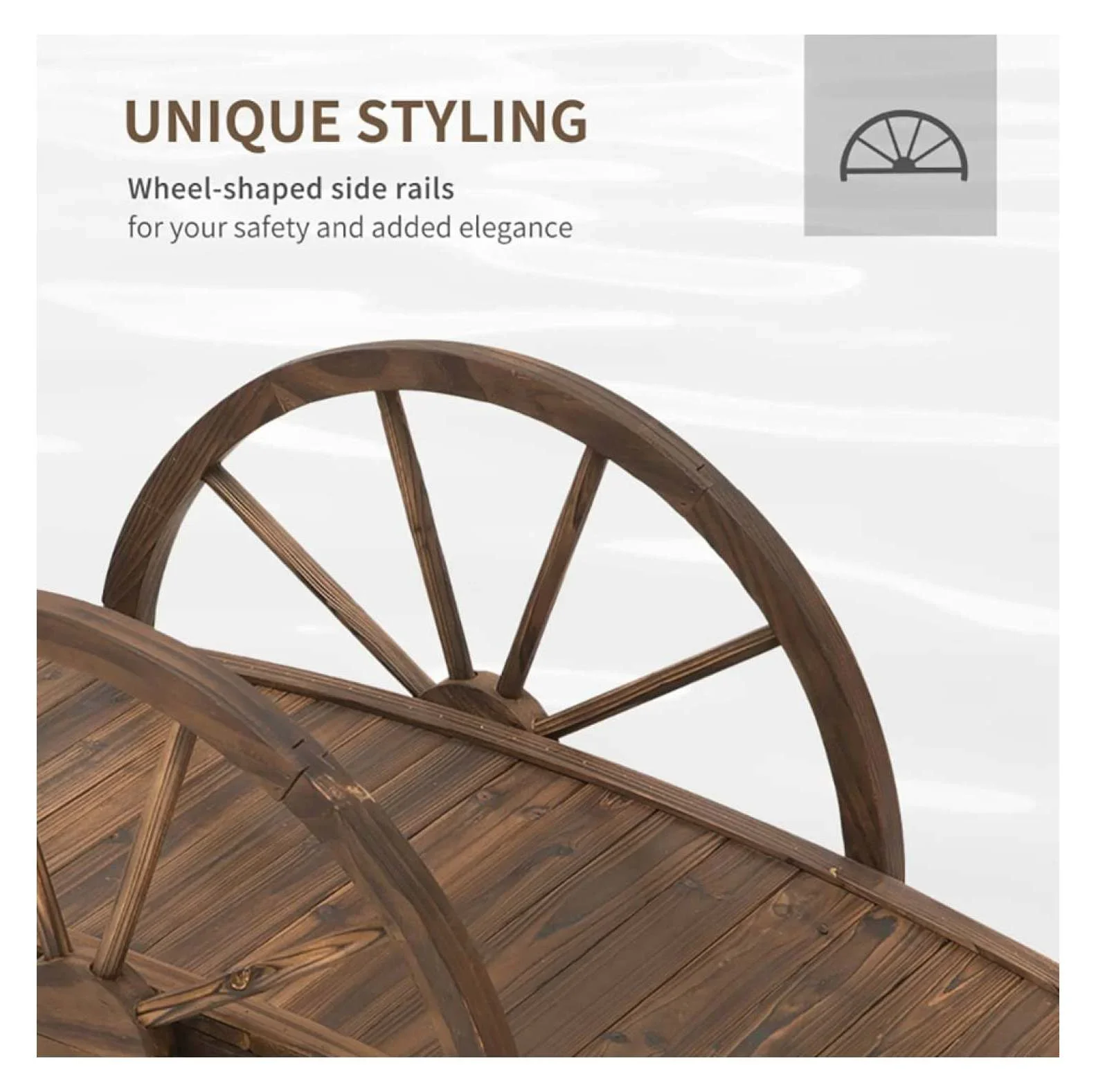 3.3ft Wooden Garden Bridge Arc Footbridge with Half-Wheel Style Railings & Solid Fir Construction, Stained Wood