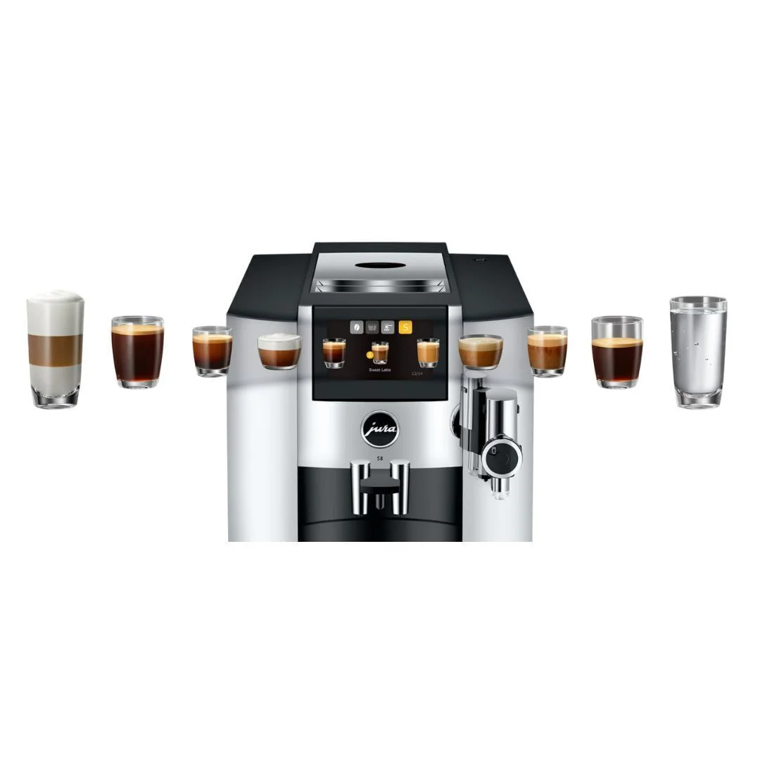 Jura S8 Automatic Coffee Machine with Sweet Foam Function, 4.3 - Inch Touchscreen, Automatic Milk Cleaning, and 2nd Generation Professional Aroma Grinder (Chrome)