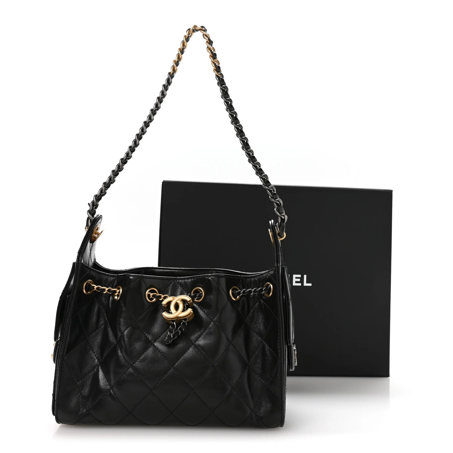 Shiny Crumpled Calfskin Quilted Mini Chanel 25 Handbag Black