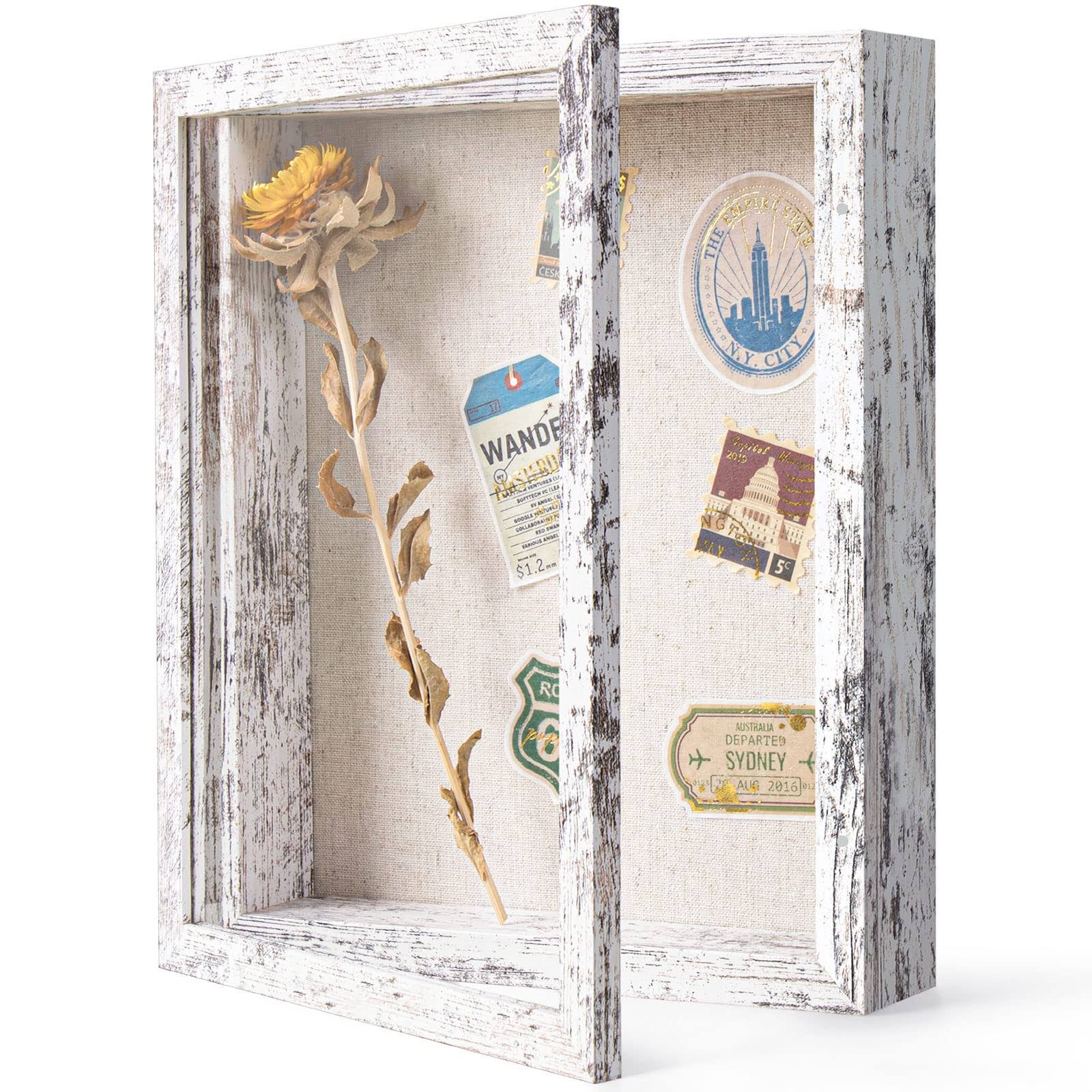 Califortree 8x10 Shadow Box Frame with Linen Back - Real Glass, Push Pins Included, Sturdy Rustic Memory Display Case of Flower, Wedding, Tickets