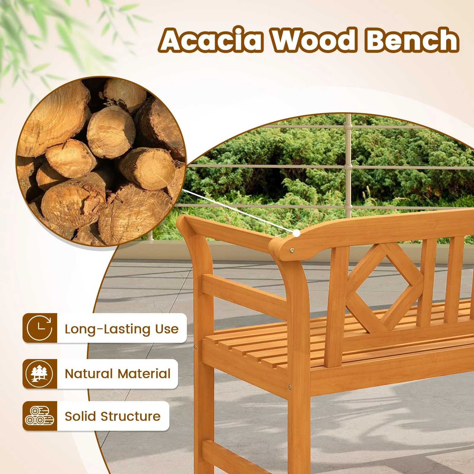 Tangkula 2 Person Patio Wood Bench with Curved Armrests