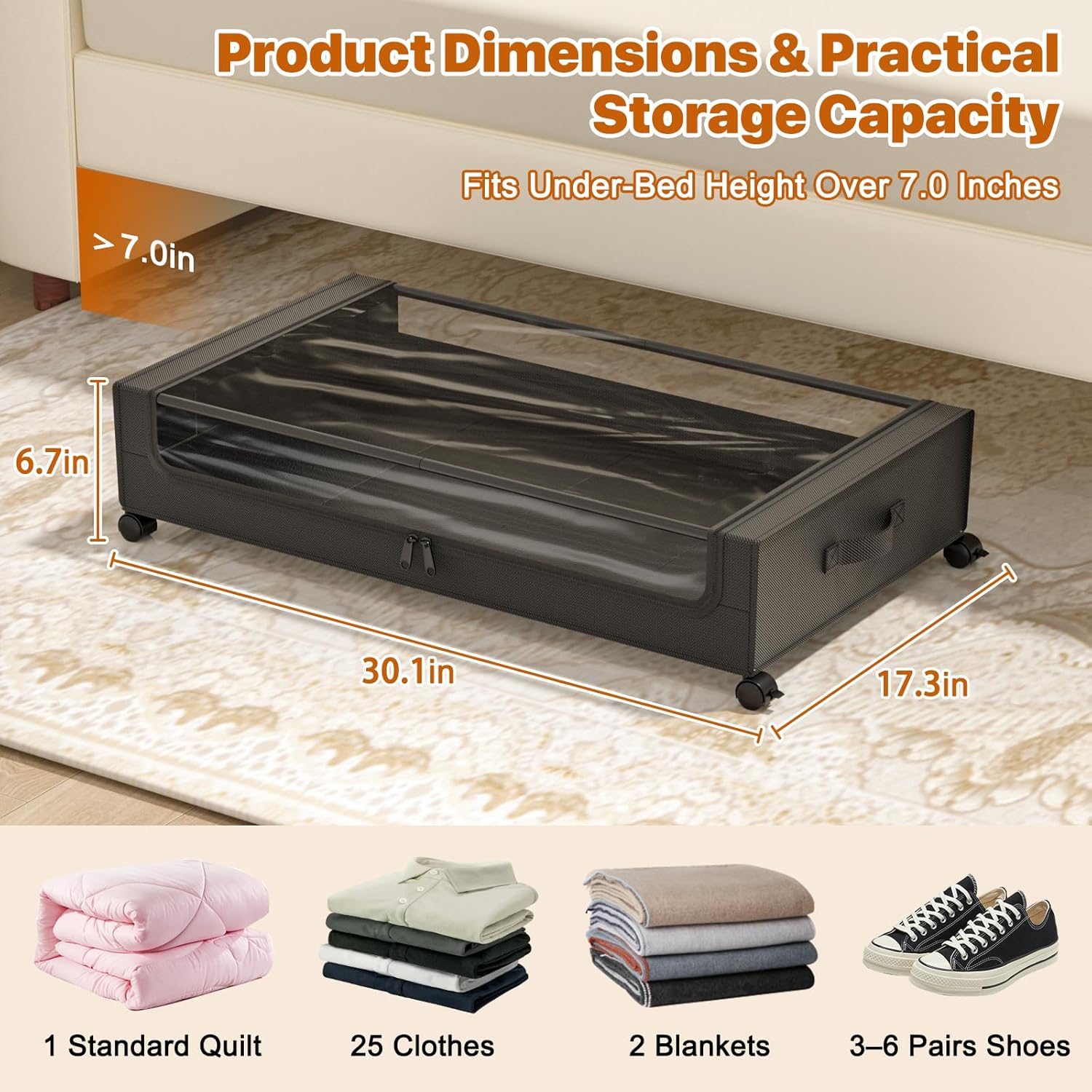 Under Bed Storage with Wheels, XXL 60L Under Bed Storage Containers with Clear Lids, Rolling Under Bed Metal Drawer for Clothes, Shoes, Toys (Black, 2 Pack)