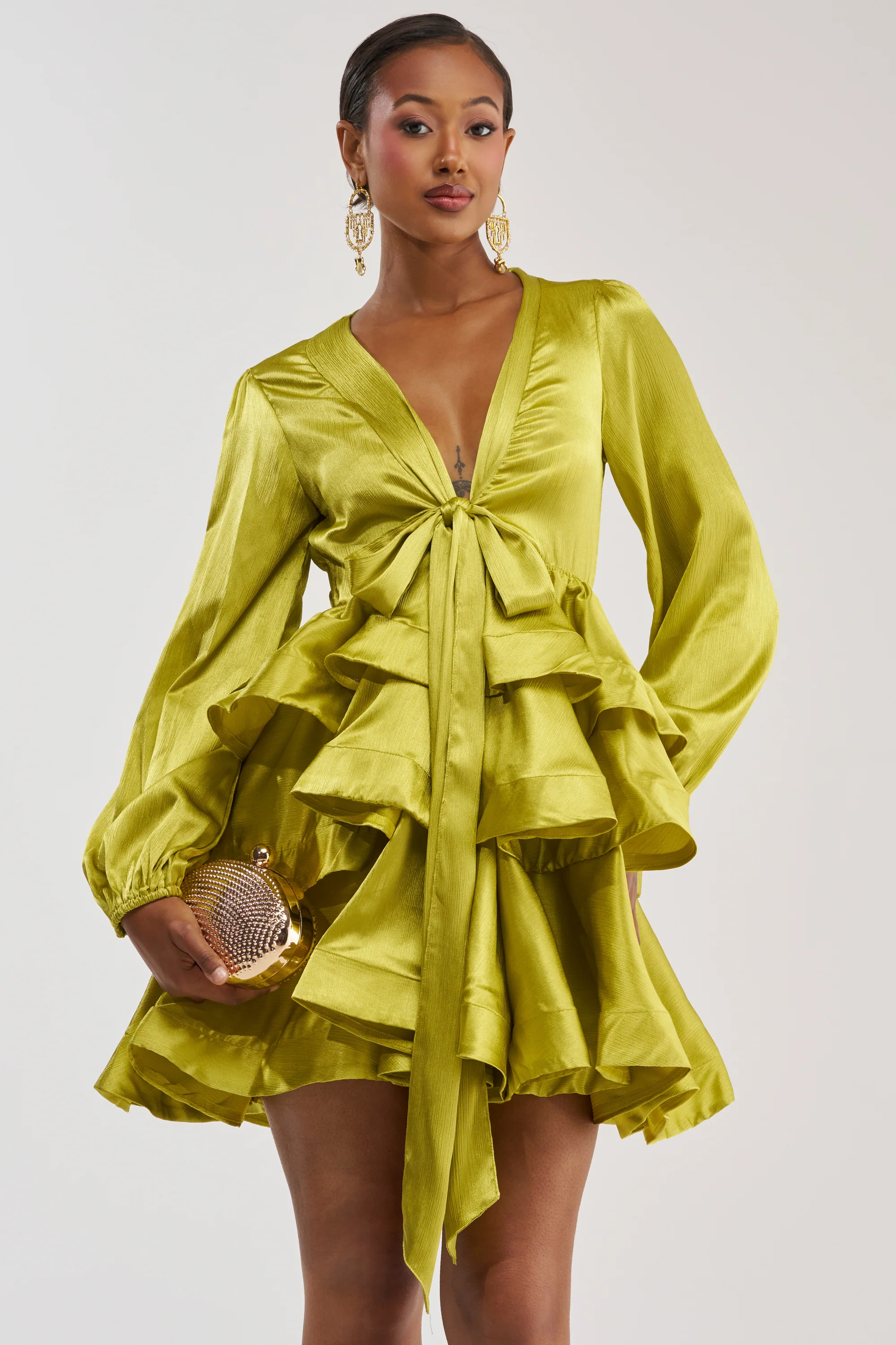 ARIANA SATIN RUFFLED MINI DRESS IN GREEN - Akira Store