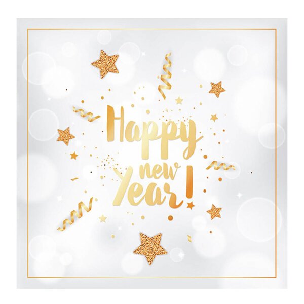 Serviett 33x33 cm 20 stk Happy New Year gull/hvit
