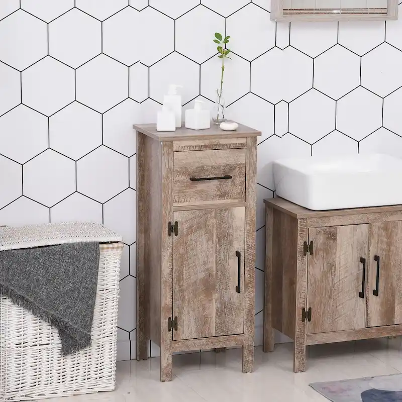 Kleankin Barnwood Bathroom Floor Cabinet with Drawer and Adjustable Shelf - Versatile Storage for Entryway or Living Room