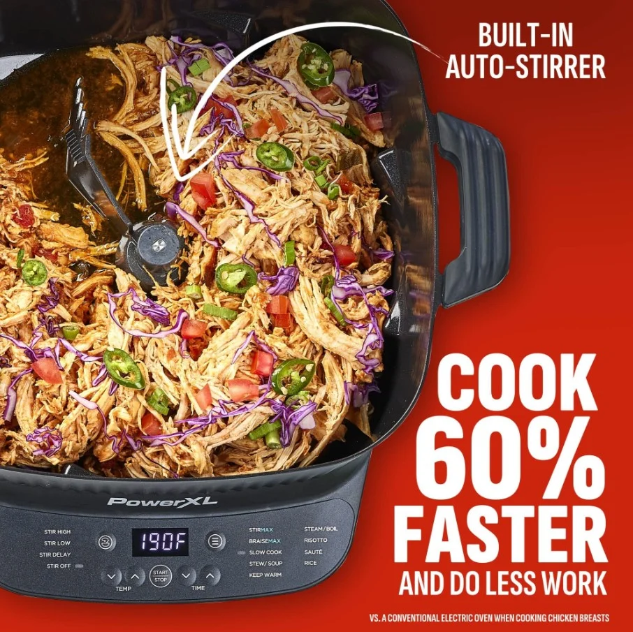 Power XL Stirmax 7.5 Qt Multi - Cooker with Auto Stir/Shred Paddle and 9 Presets, Matte Black