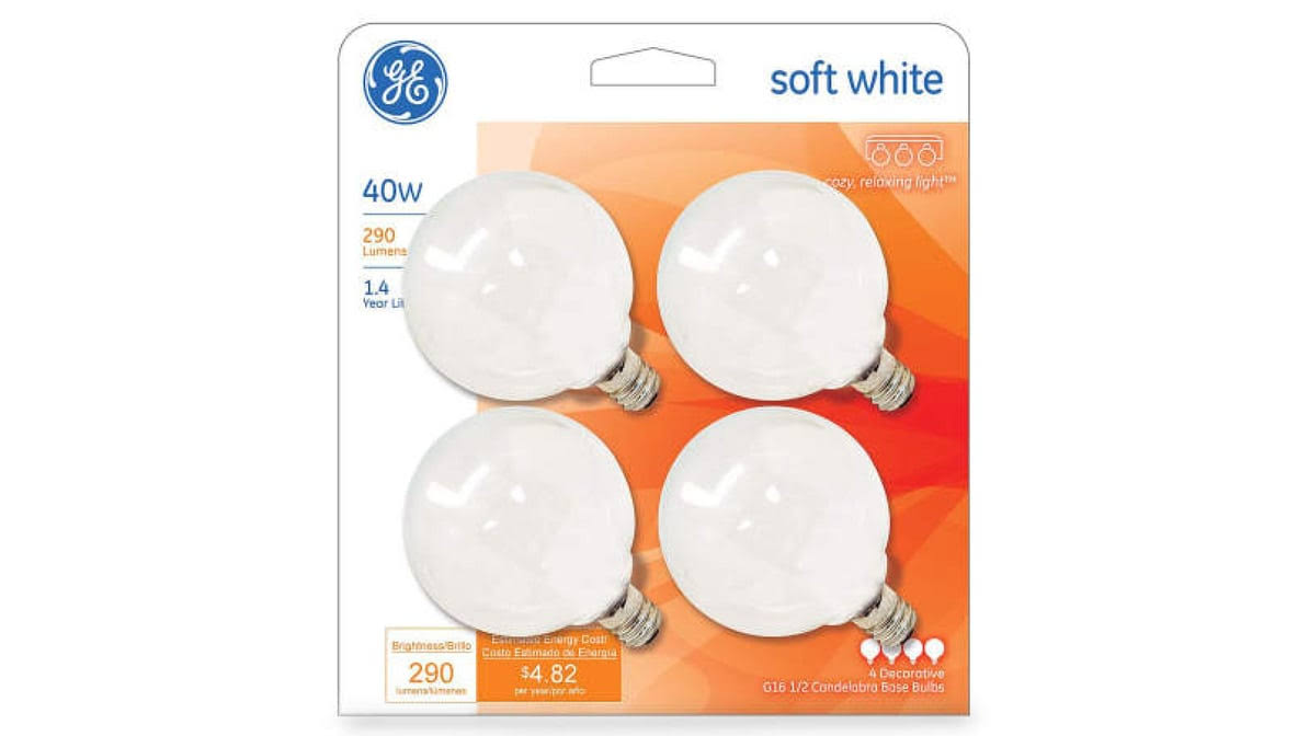 GE Candelabra Base Incandescent Globe Light Bulb, Soft White, 40W - 4 pack