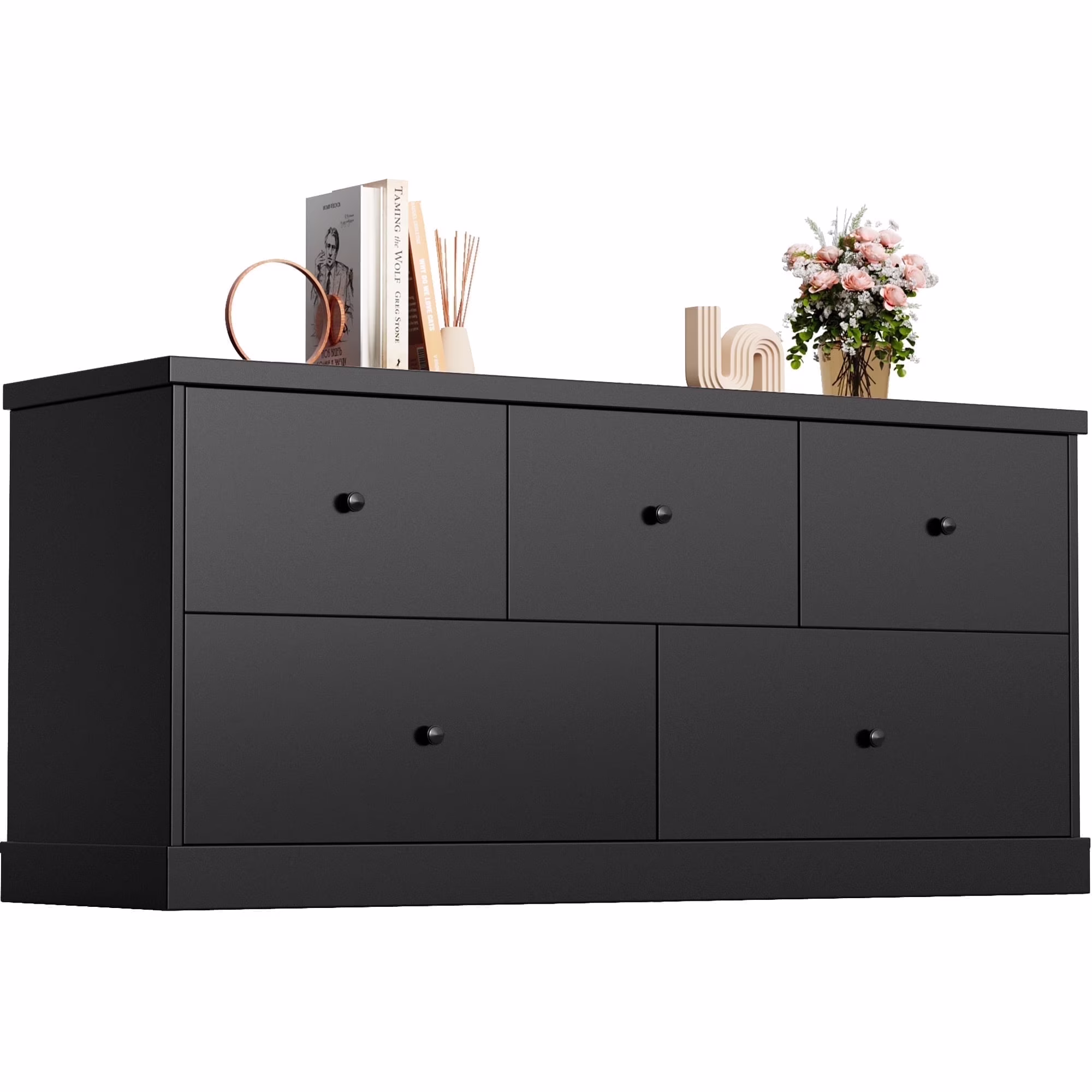 Homall 5 Drawer Dresser Wood Storage Cabinet Double Tier Chest of Drawer TV Stand for Bedroom, Living Room, Black