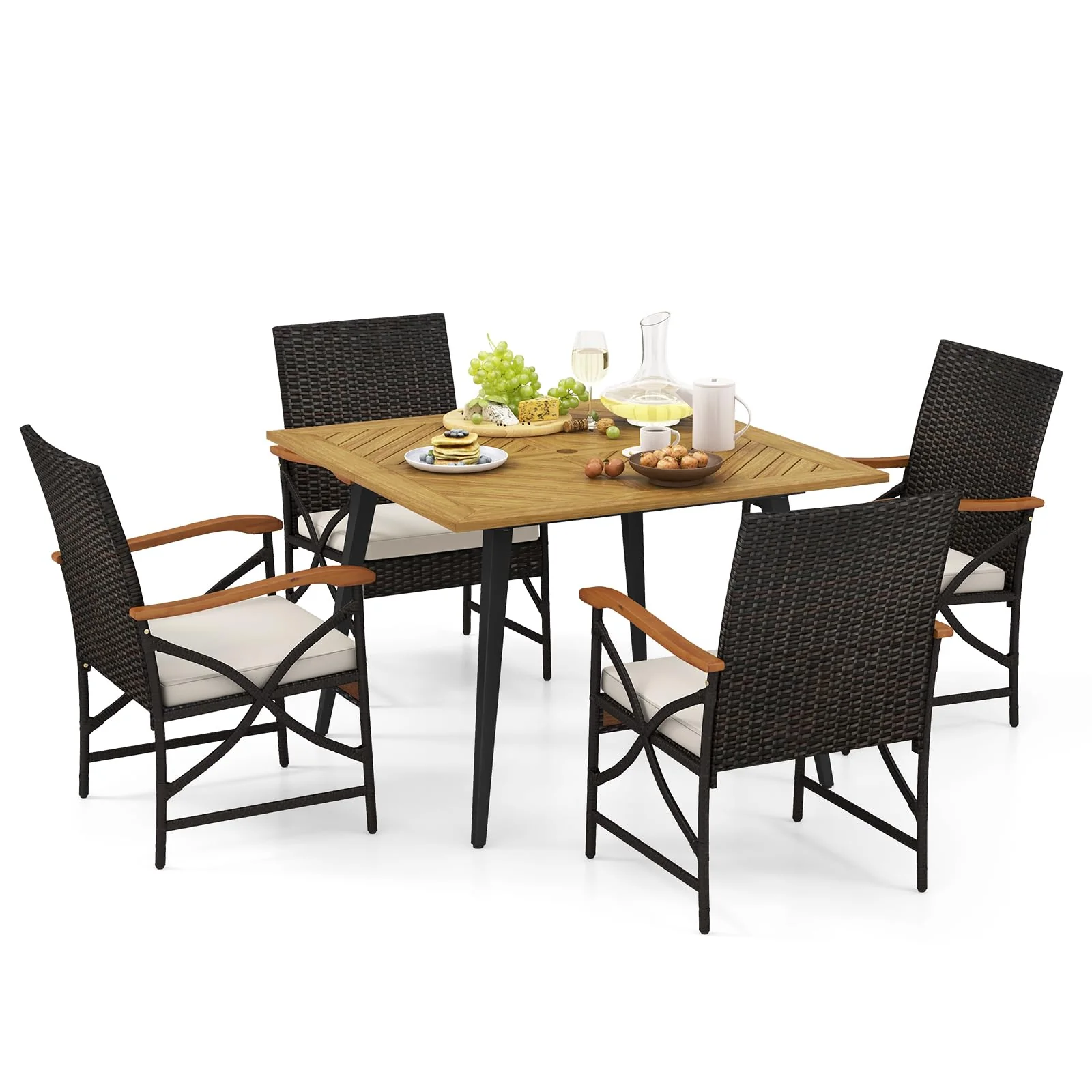 Tangkula 5 Pieces Patio PE Wicker Dining Set, Outdoor Dining Table and Chairs with Cushions