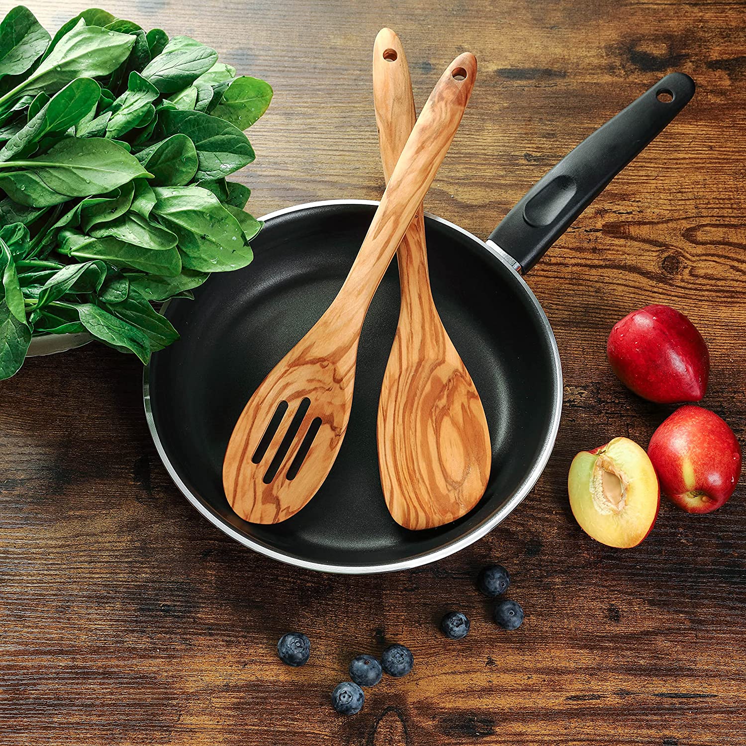 2 Piece Olive Wood Spoons for Cooking, Nonstick Wooden Slotted Spoon/Corner Spoon Set