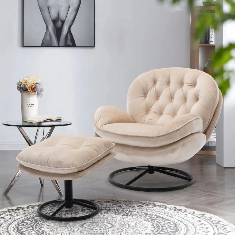 Velvet Swivel Accent Chair with Ottoman Set, Modern Lounge Chair with Footrest and Metal Base Comfy Armchair with 360 Degree Swiveling Single Sofa Chair Accent Chairs for Living Room, Green(Beige)