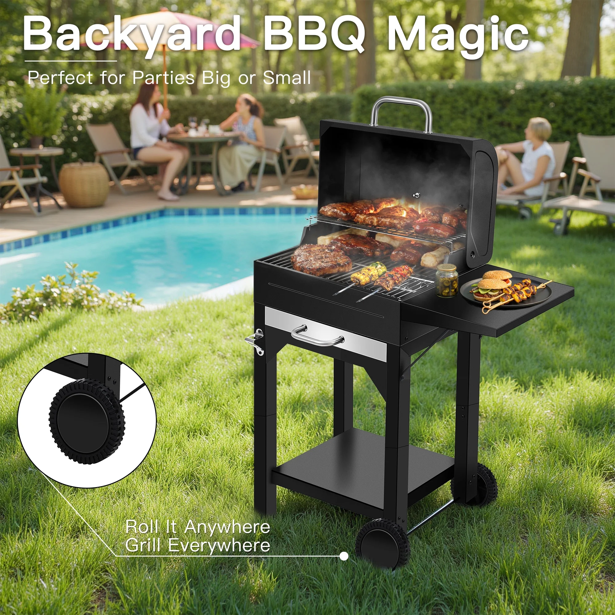 Portable Charcoal Smoker Grill Combo with Offset Firebox �C Heavy Duty BBQ Grill with Warming Rack Side Shelf for Outdoor Cooking, Camping Tailgating - Image 5