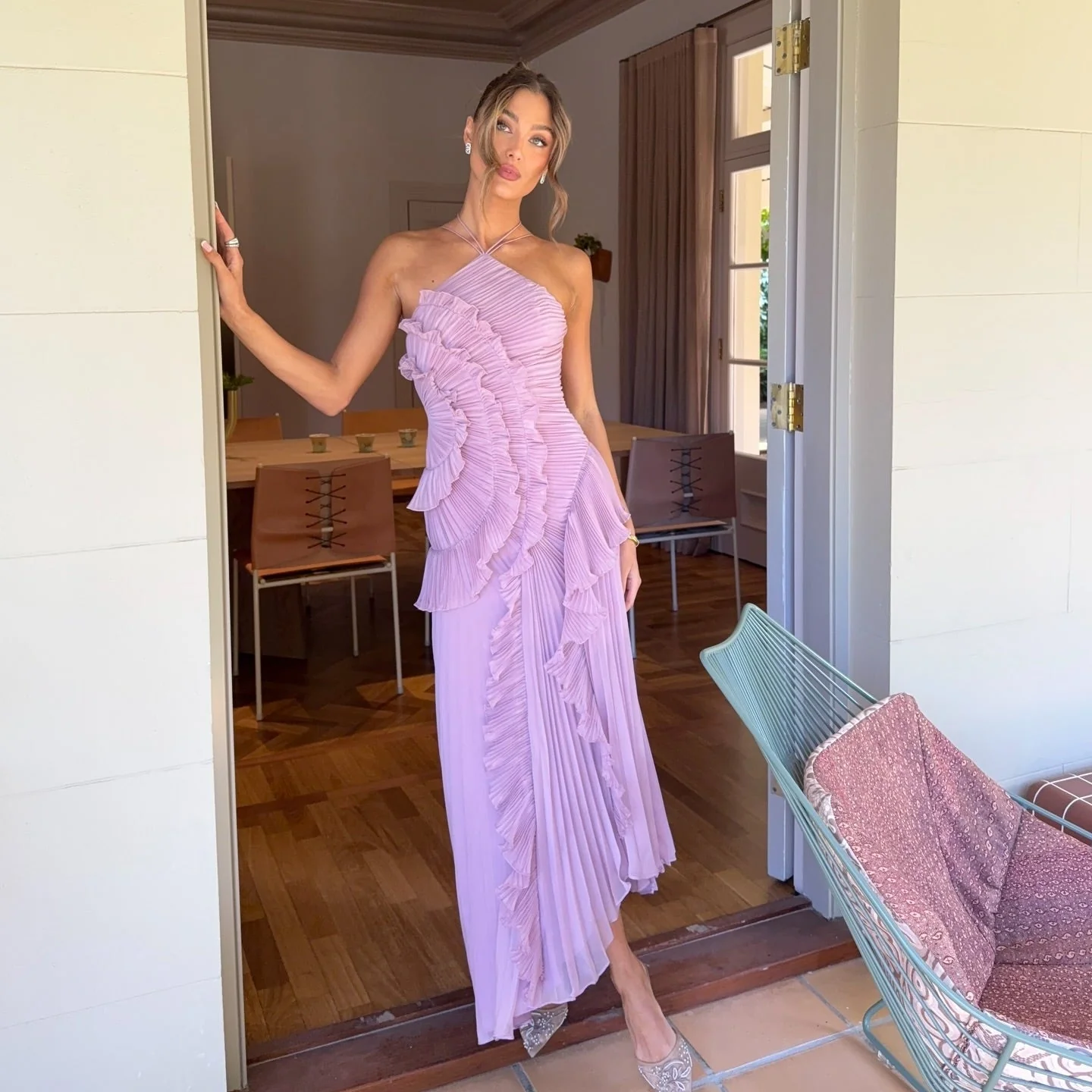 Robe mi-longue plissée en rose thé violet pour femme