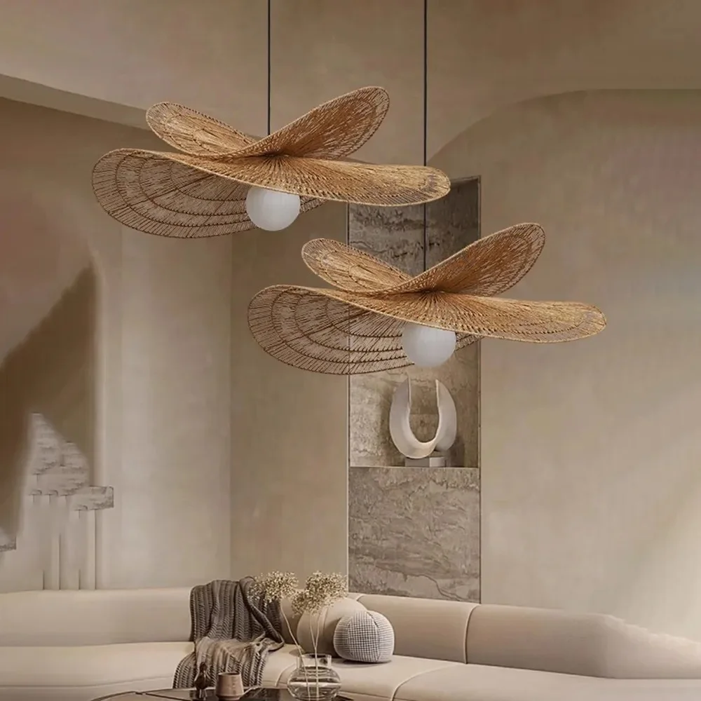 Arturesthome Vintage Handmade Rattan Woven Creative Double-Layer Straw Hat Pendant Light