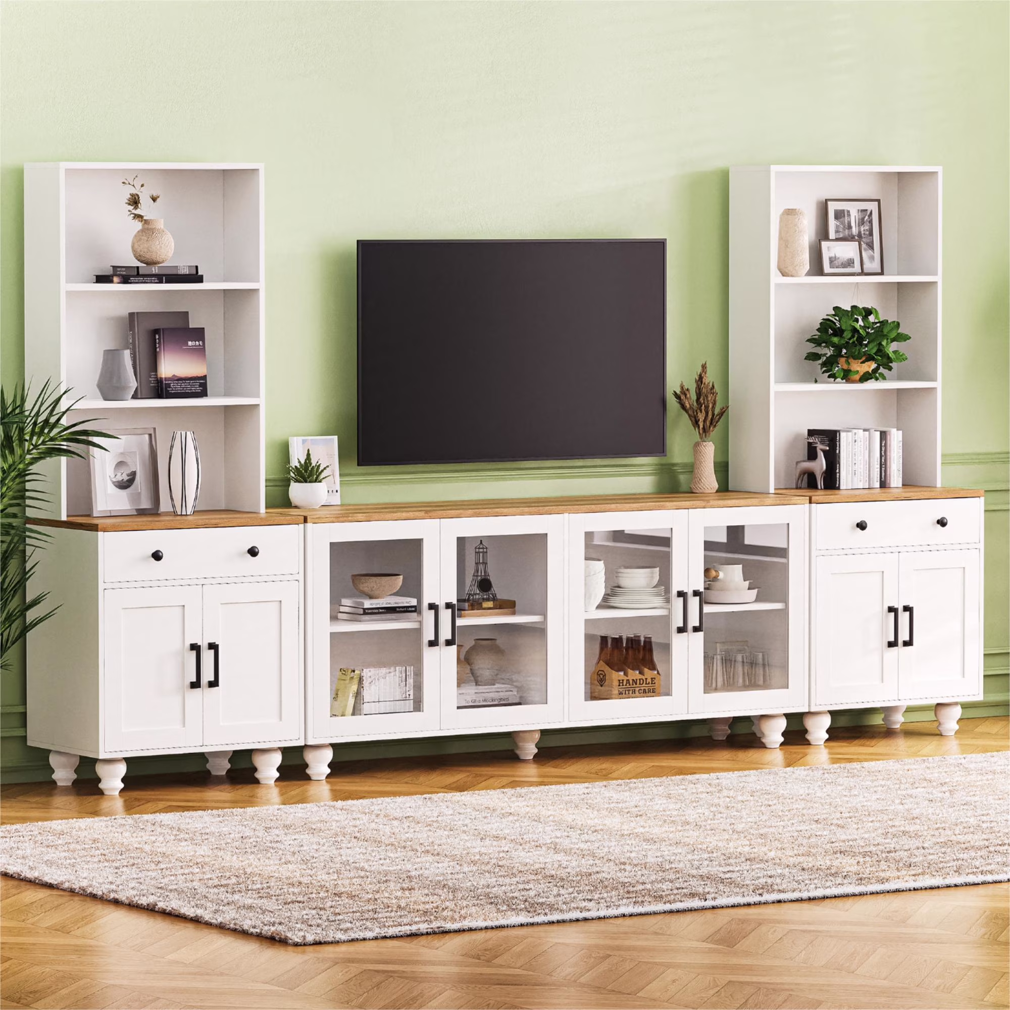 110" Entertainment Center Wall Unit Set with Glass Display Cabinets, Adjustable Shelves Vintage TV Stand for TVs up to 85", Farmhouse Style Media Console with Storage, Gourd Legs(Black+TV Stand+Bookshelves) - Image 7