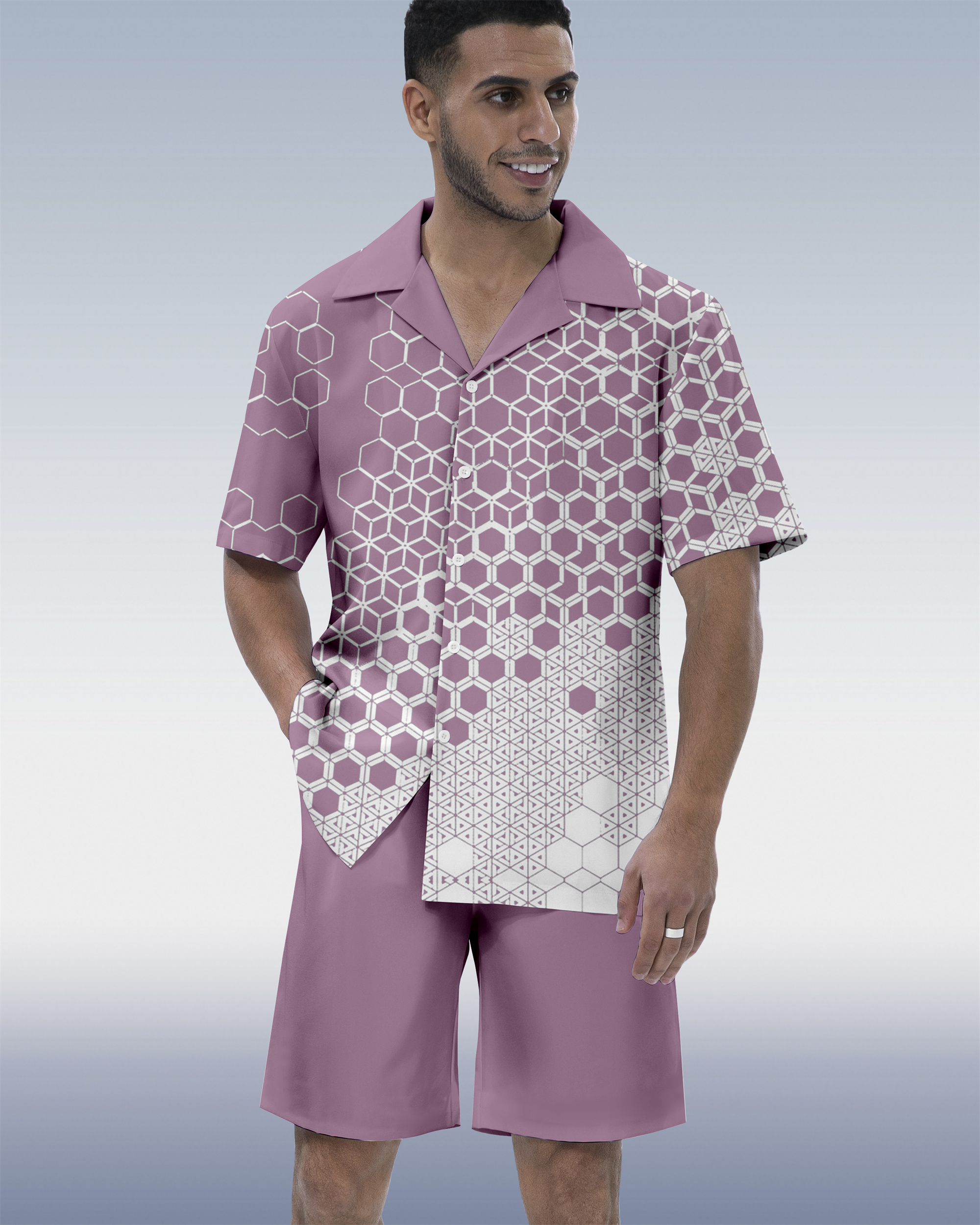 Ensemble chemise homme à manches courtes, col cubain, motif géométrique hawaïen colorblock 07