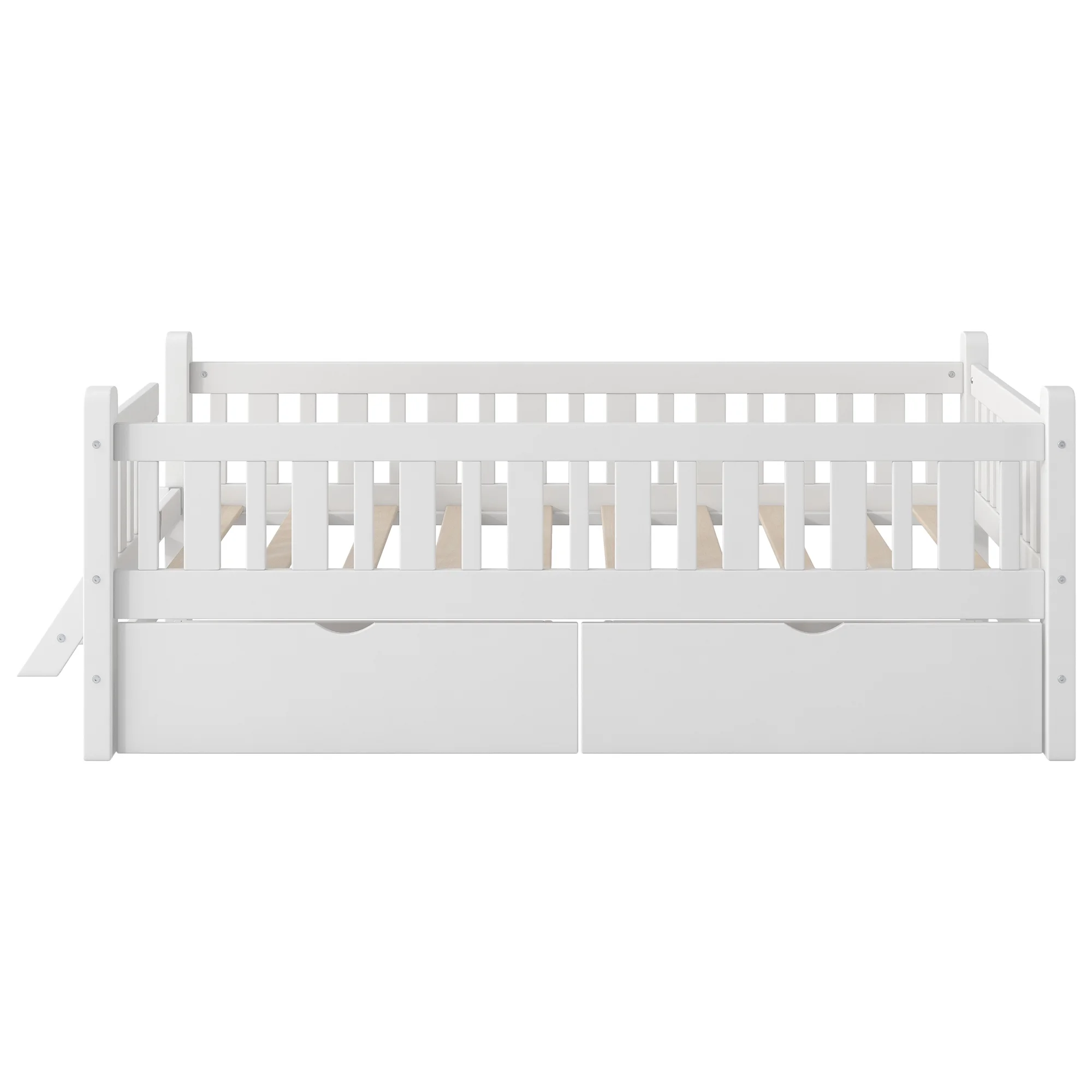 Wood Twin Size Platform Bed with 2 Drawers and Ladder for Kids and Toddlers, White(White) - Image 6