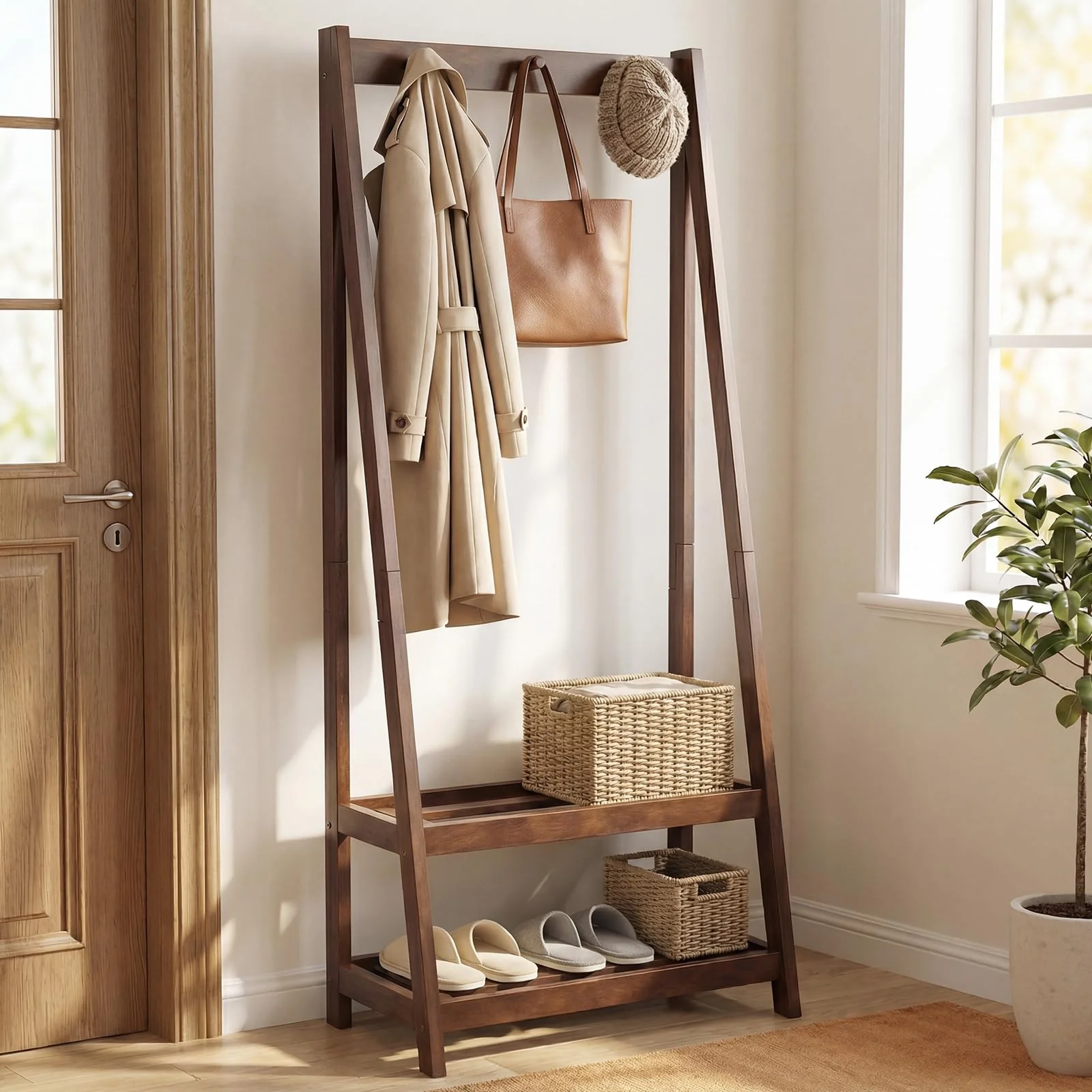 Tangkula Freestanding Rubber Wood Garment Rack with 3 Hooks and 2 Shelves