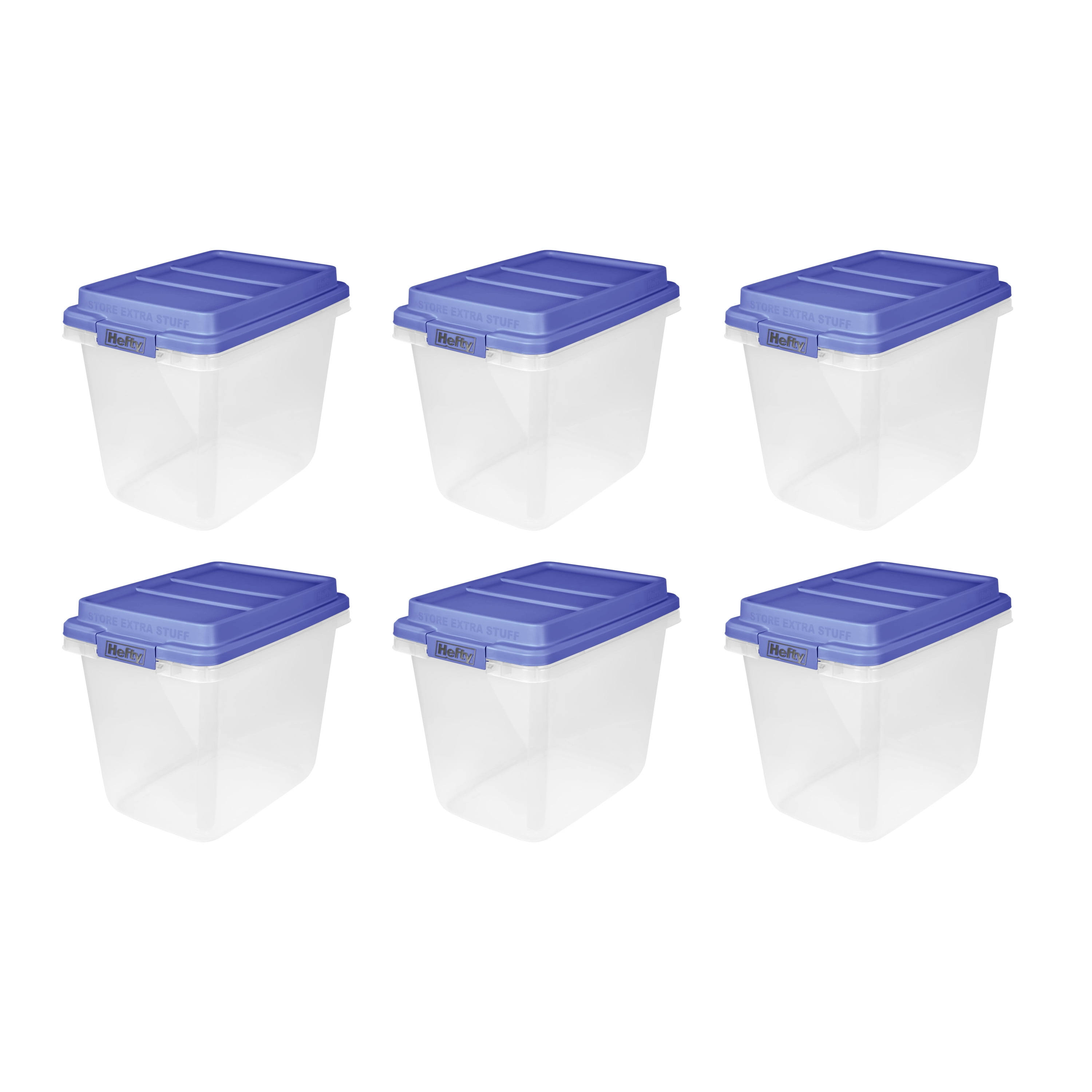 Hefty 32 Qt. Clear Plastic Storage Bin with Blue Hi-Rise Lid, 6 Pack