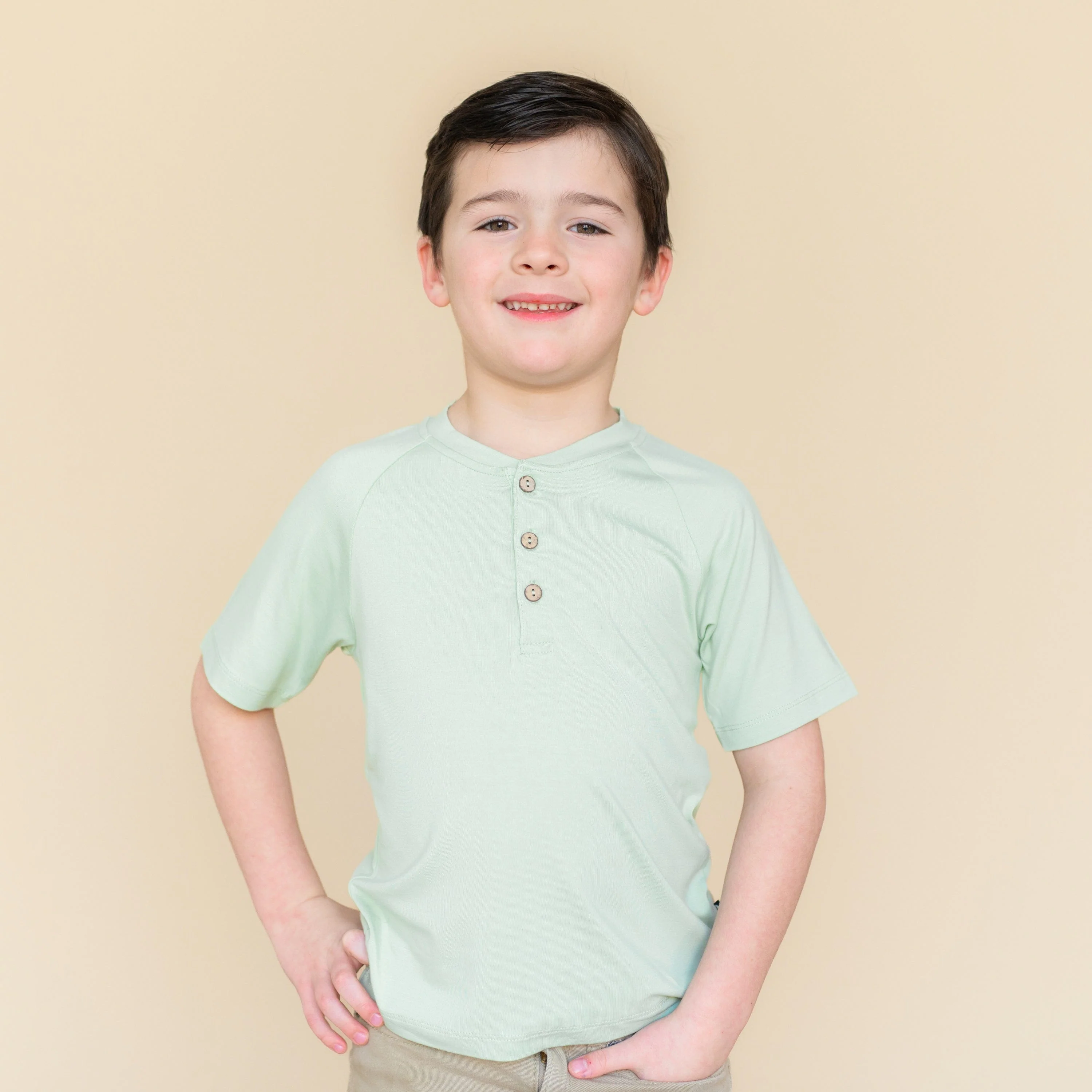 Short Sleeve Toddler Henley Tee in Basil