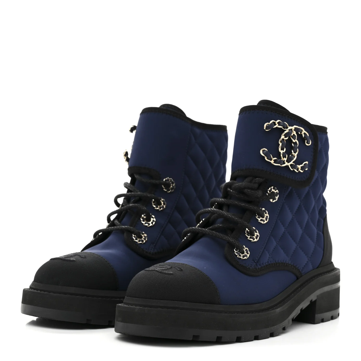 Fabric Grosgrain Quilted Cap Toe Lace Up Combat Boots 36.5 Navy Black
