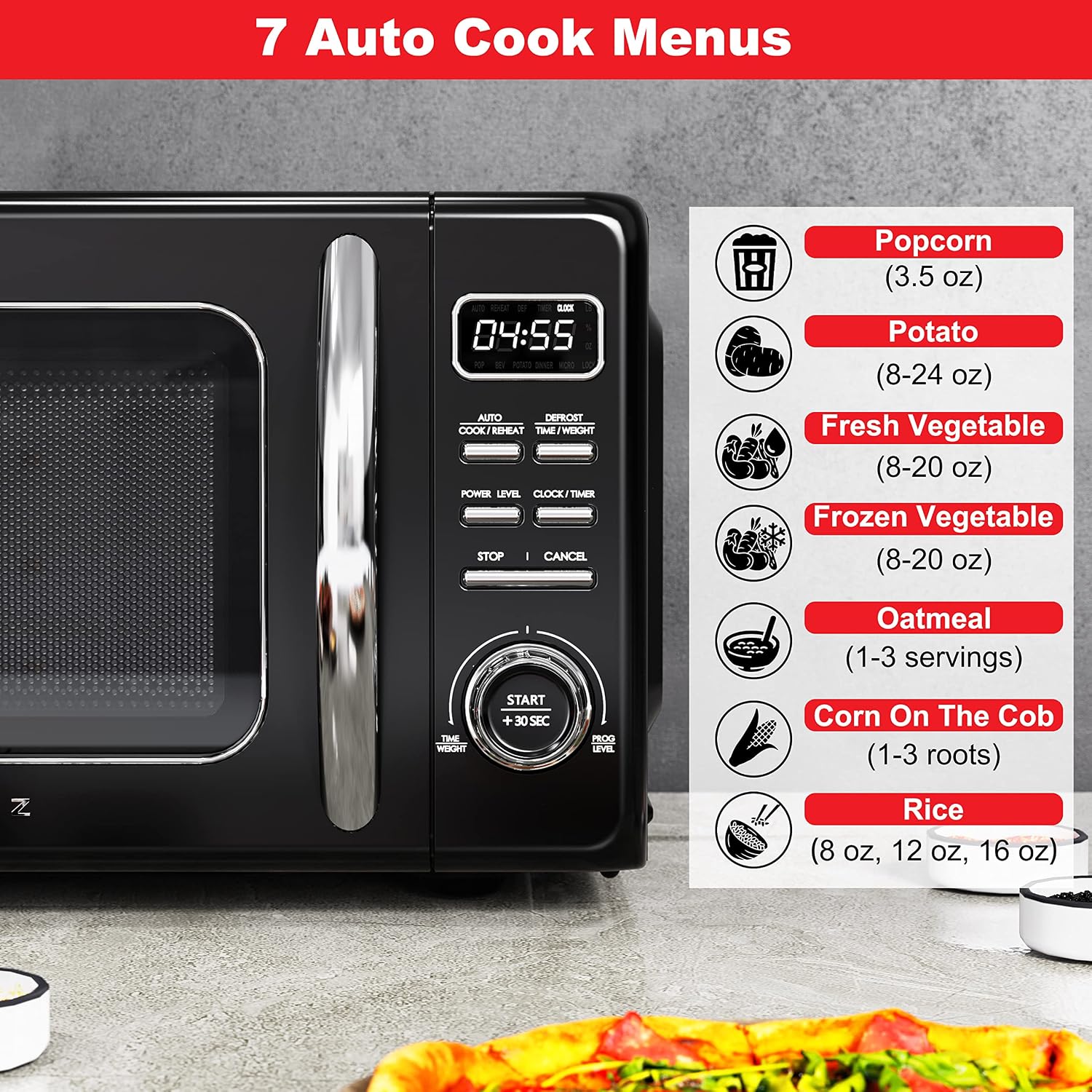 Galanz GLCMKZ07BKR07 Retro Countertop Microwave Oven with Auto Cook & Reheat, Defrost, Quick Start Functions, Easy Clean with Glass Turntable, Pull Handle. 7 cu ft, Black