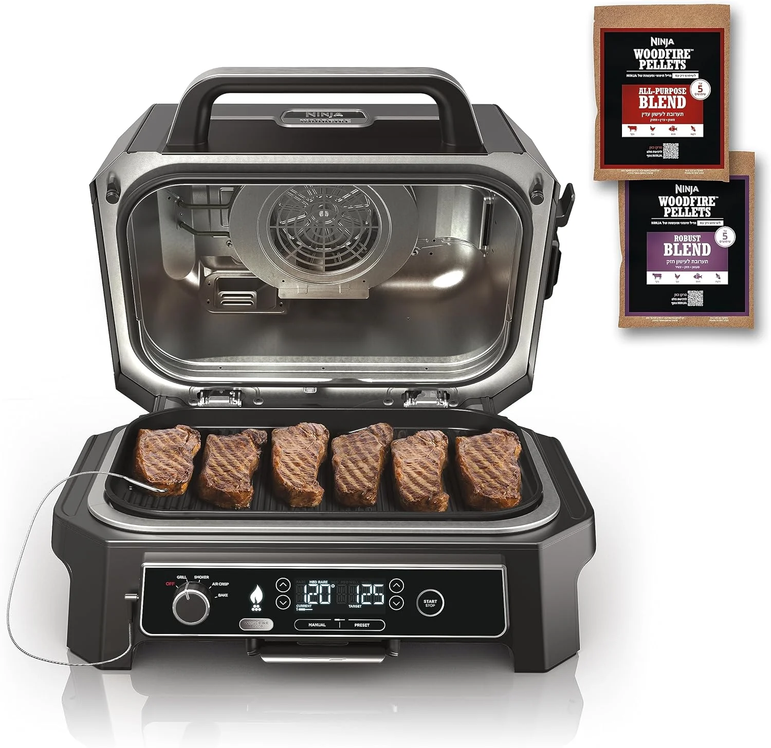 Gril et fumoir 7 en 1 avec thermomètre, friteuse à air chaud, barbecue, cuisson au four, rôtissage, grillade - Gril électrique portable d'extérieur, gris