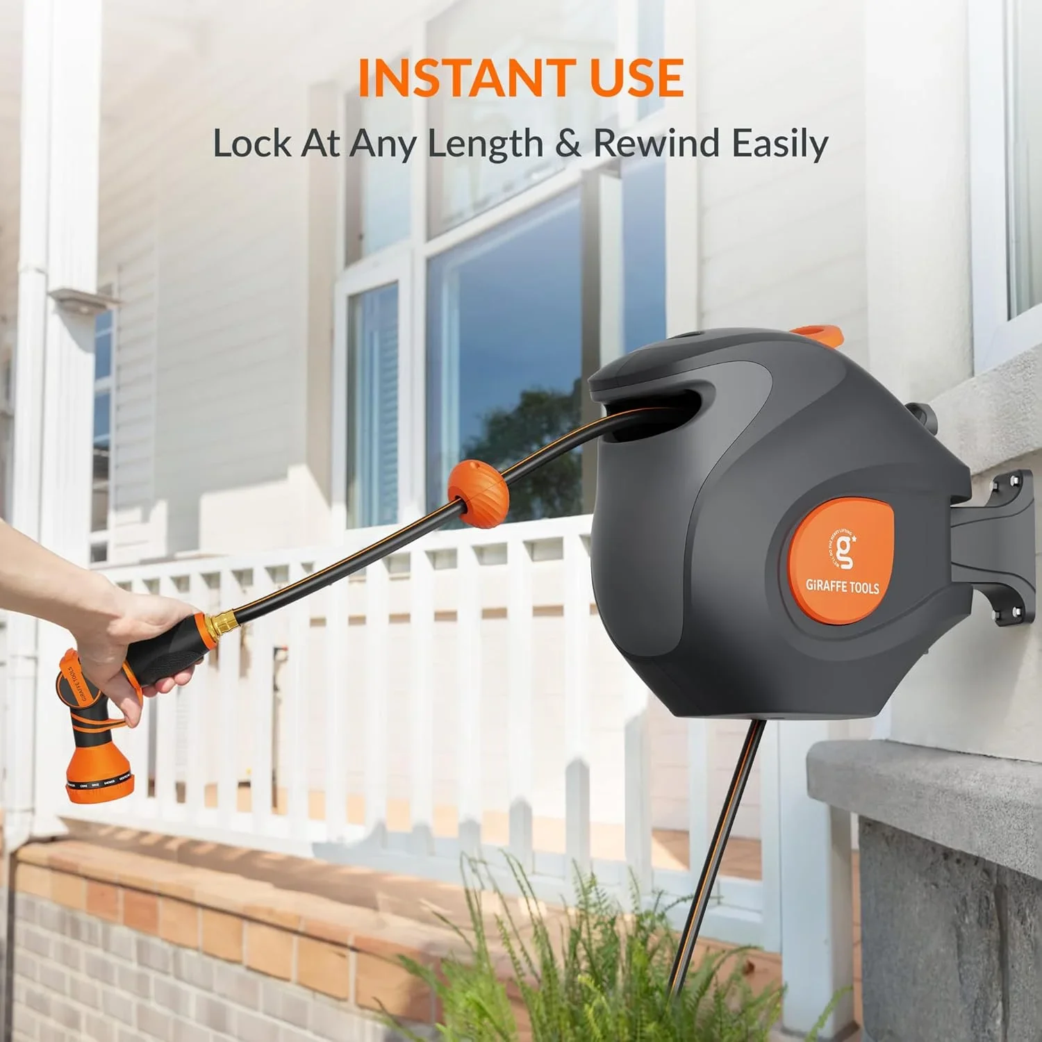 Giraffe Tools Retractable Garden Hose Reel with 1/2in-100ft Water Hose, Plastic Bracket, Wall Mounted, Dark Grey