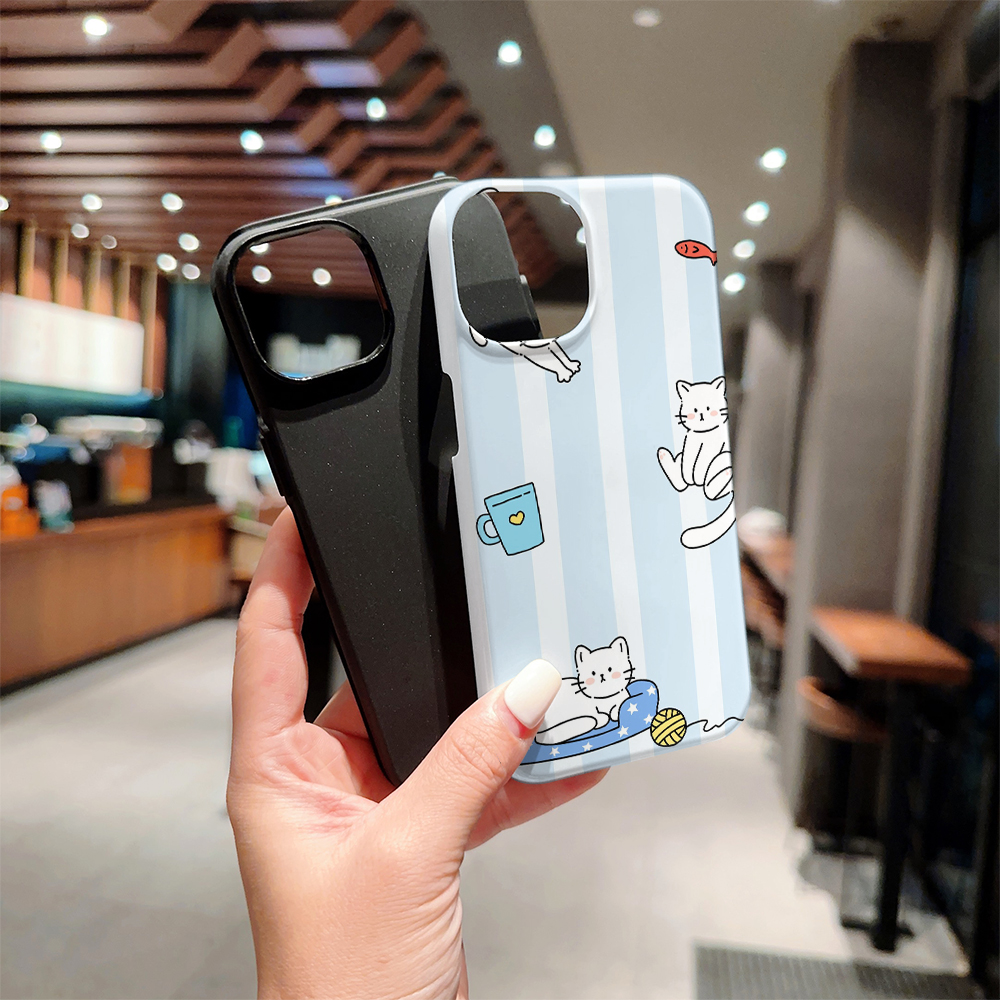 Cute blue and white striped kitten pattern phone case, two-in-one glossy film material, compatible with all iPhone models 11 12 13 14 15 16 17 Pro Max - wanlinfang