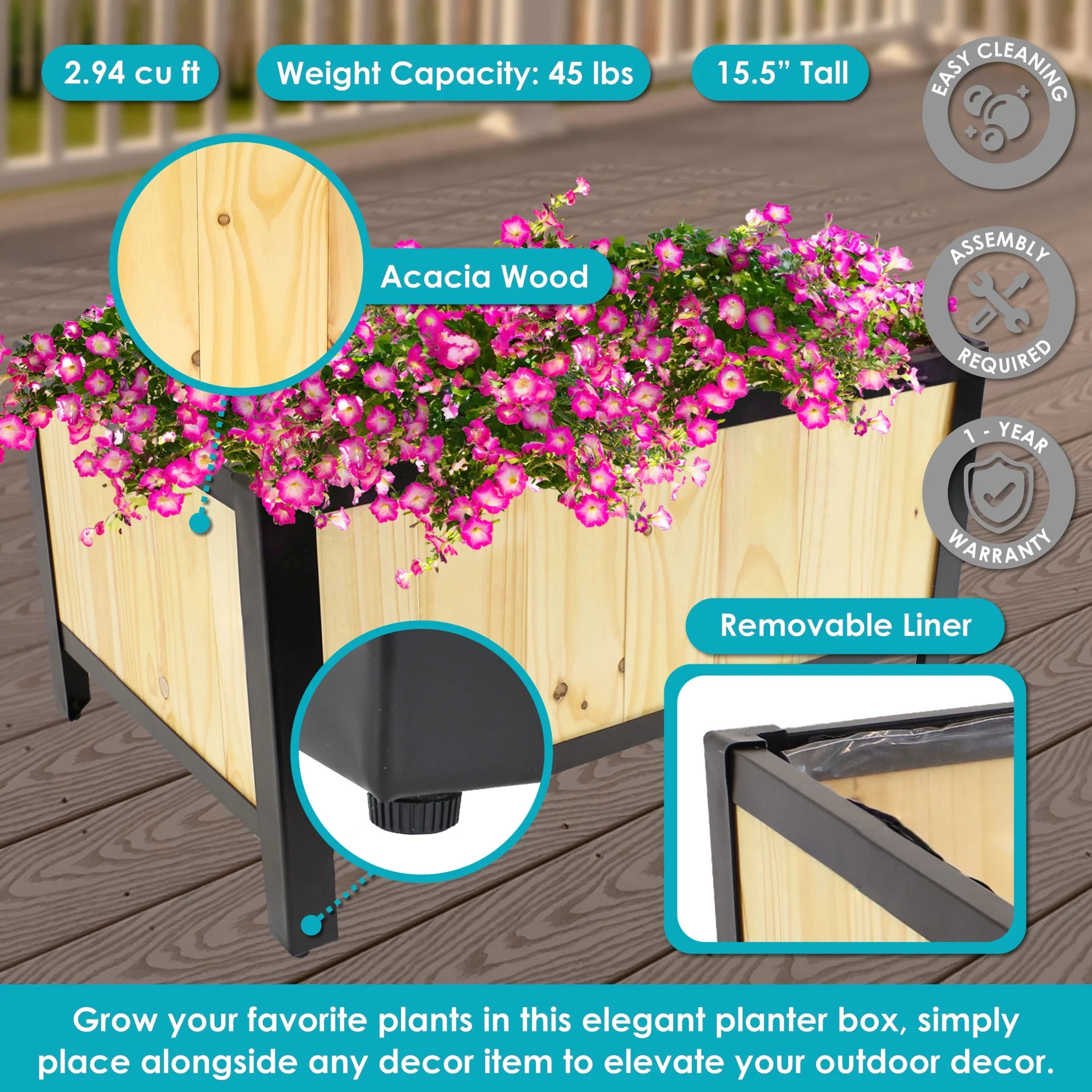 Sunnydaze 37 x 13 x 10.5 Natural Acacia Wood Rectangular Raised Garden Bed Planter Box